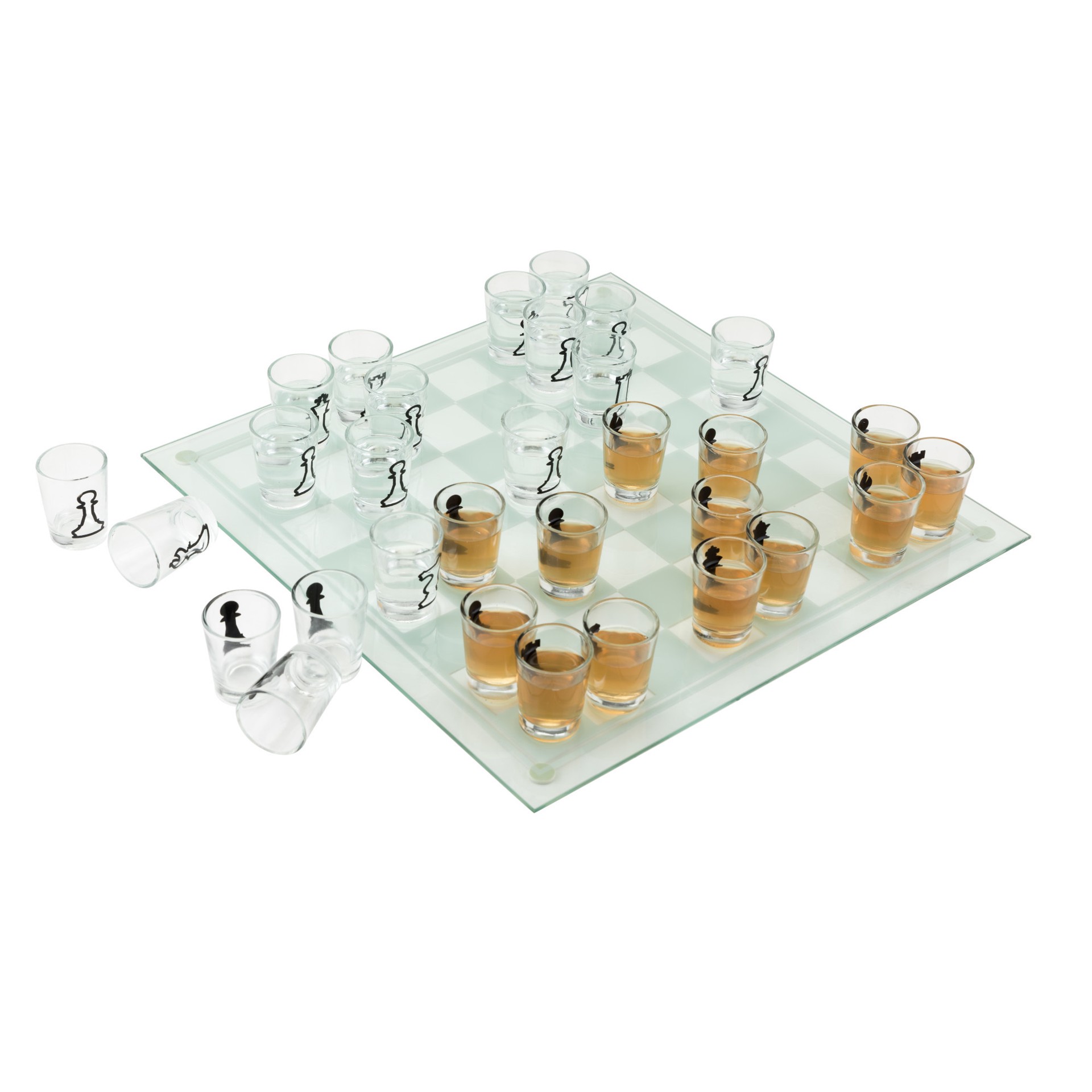 slide 4 of 4, True Shot Glass Chess Game, Chess Board with Shot Glass Chess Pieces, Clear Glass and Frosted Glass, Chess Drinking Game, 33 ct