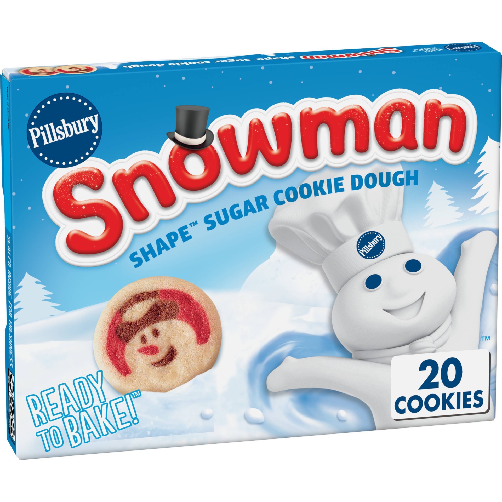 slide 1 of 1, Pillsbury Ready to Bake Snowman Shape Sugar Cookie Dough, 20 Cookies, 9.1 oz, 20 ct