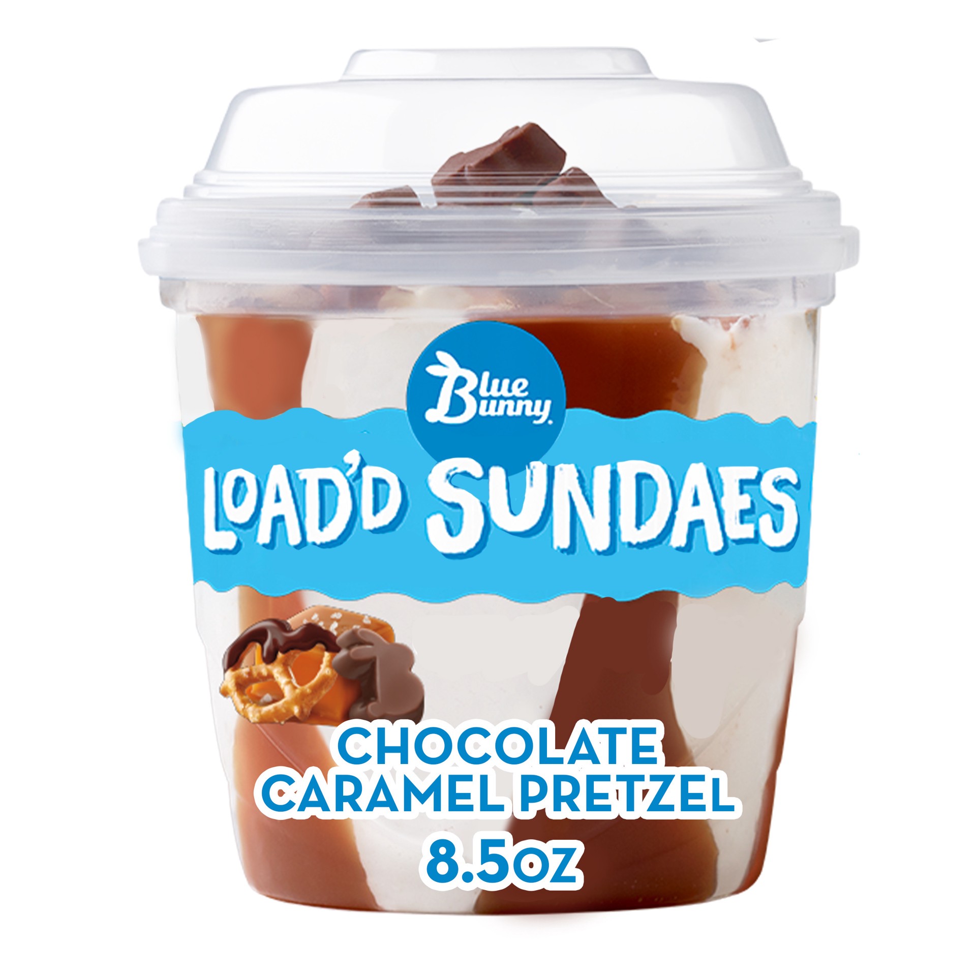 slide 1 of 1, Blue Bunny Load'd Sundaes Chocolate Caramel Pretzel Cup, 8.5 fl oz