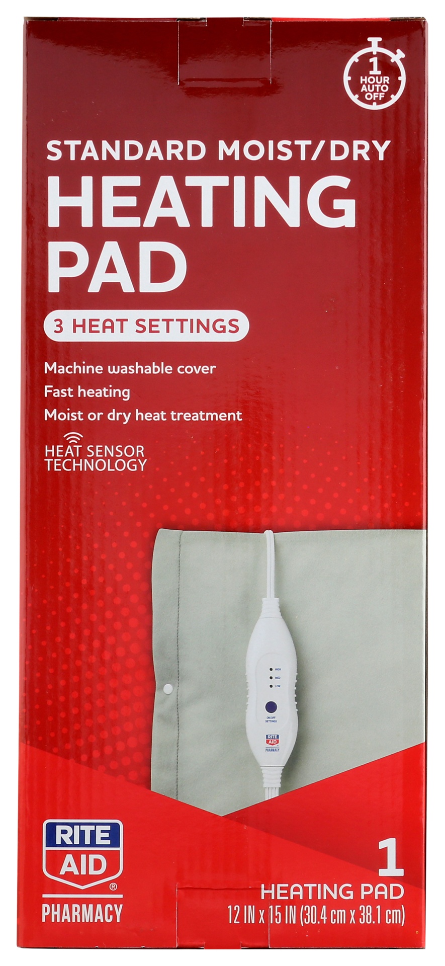 slide 1 of 1, Rite Aid Standard Moist/Dry Heating Pad, 3 Settings, 12 x 15 in, 1 ct