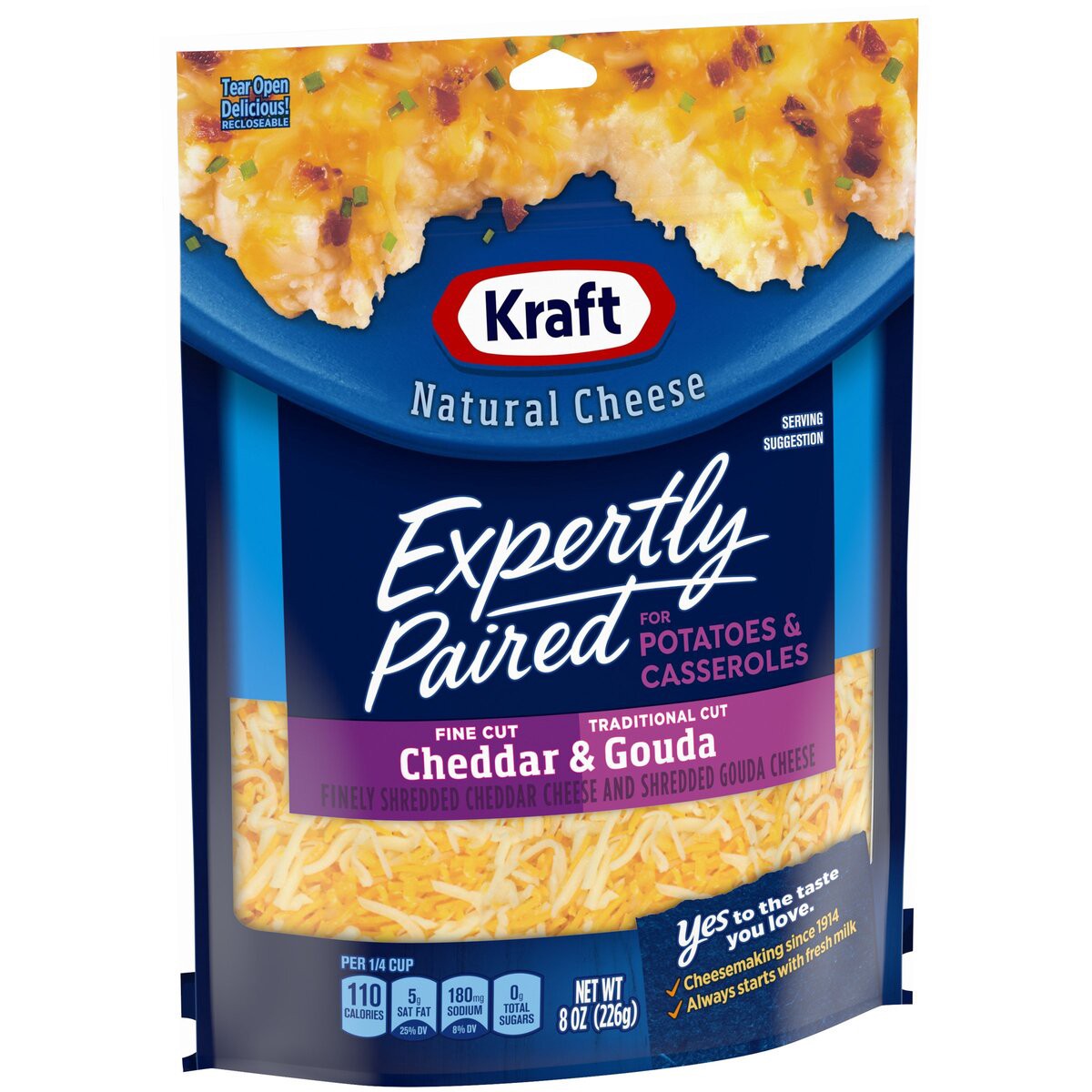 slide 2 of 8, Kraft Deliciously Paired Cheddar & Gouda Shredded Cheese for Potatoes, 8 oz