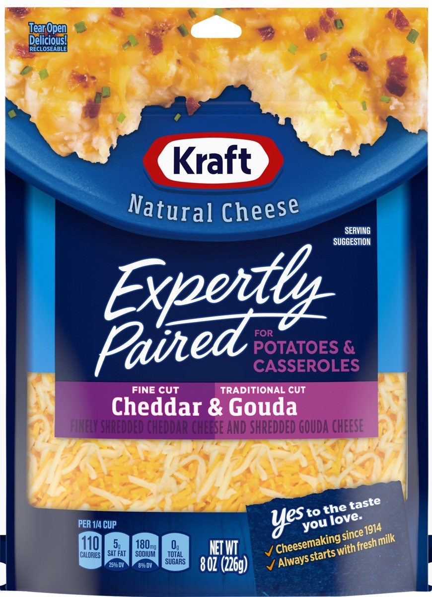 slide 7 of 8, Kraft Deliciously Paired Cheddar & Gouda Shredded Cheese for Potatoes, 8 oz