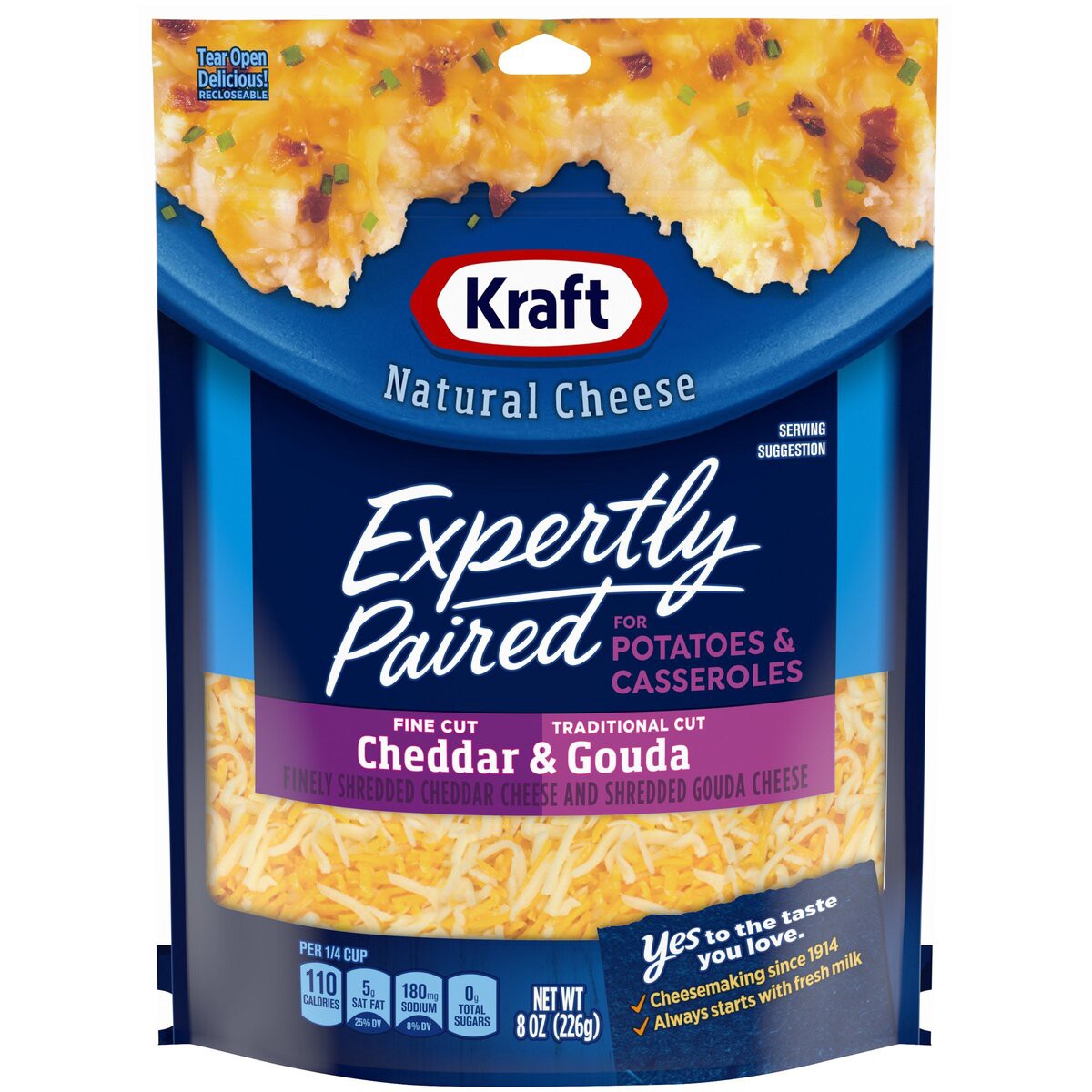 slide 1 of 8, Kraft Deliciously Paired Cheddar & Gouda Shredded Cheese for Potatoes, 8 oz