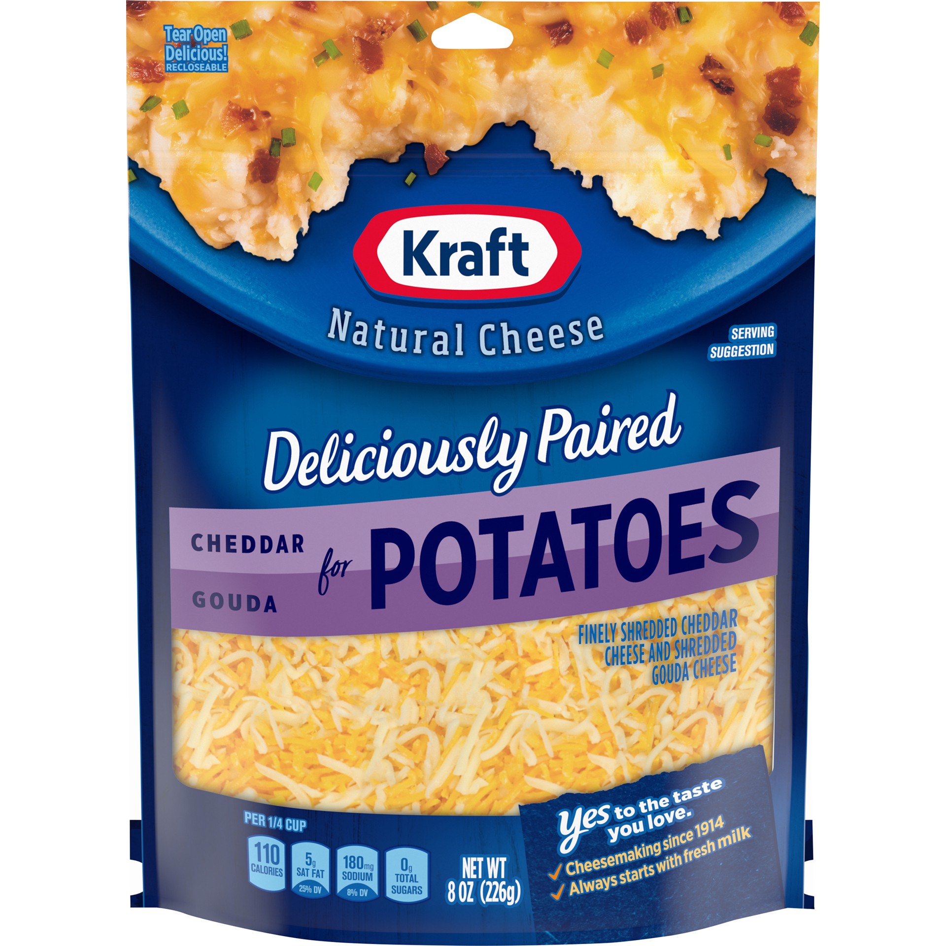 slide 1 of 8, Kraft Deliciously Paired Cheddar & Gouda Shredded Cheese for Potatoes, 8 oz Bag, 8 oz