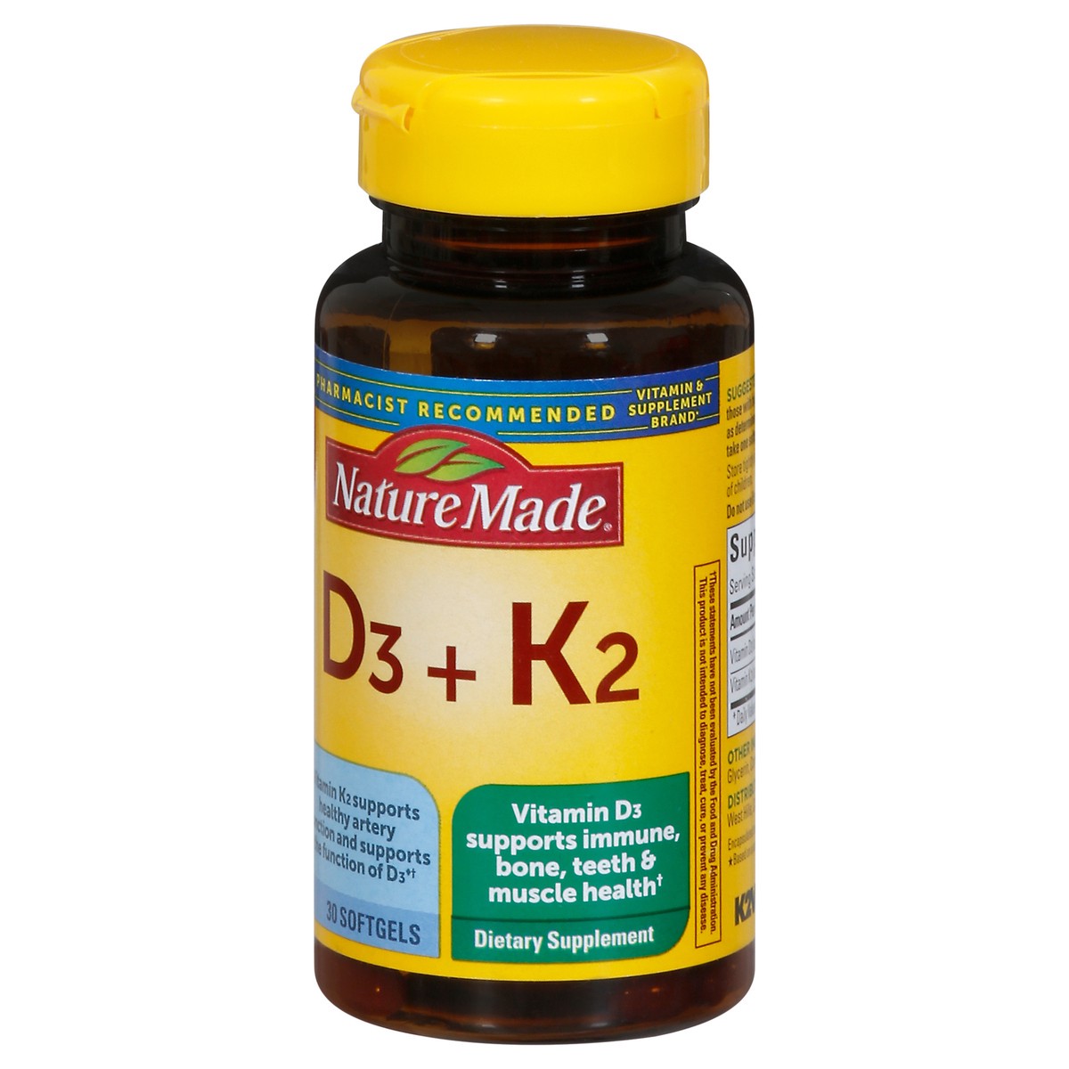 slide 2 of 9, Nature Made Vitamin D3 K2 Supplement, 5000 IU (125 mcg) Vitamin D for Bone, Teeth, Muscle and Immune Support, 30 D3 and K2 Softgels, 30 Day Supply, 30 ct