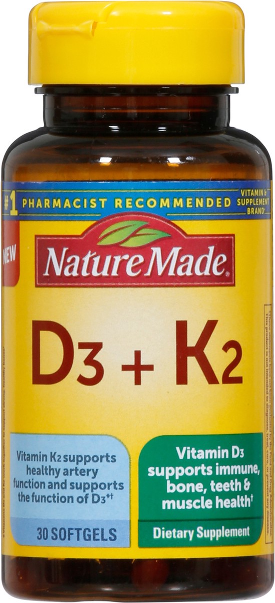slide 4 of 9, Nature Made Vitamin D3 K2 Supplement, 5000 IU (125 mcg) Vitamin D for Bone, Teeth, Muscle and Immune Support, 30 D3 and K2 Softgels, 30 Day Supply, 30 ct