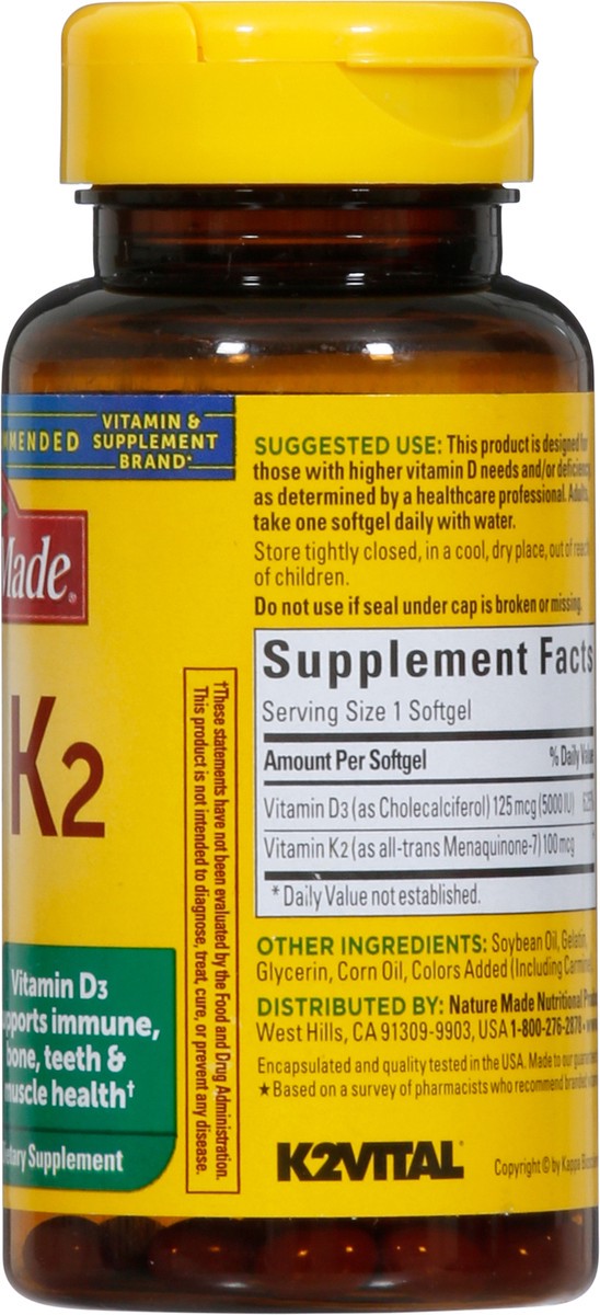 slide 5 of 9, Nature Made Vitamin D3 K2 Supplement, 5000 IU (125 mcg) Vitamin D for Bone, Teeth, Muscle and Immune Support, 30 D3 and K2 Softgels, 30 Day Supply, 30 ct