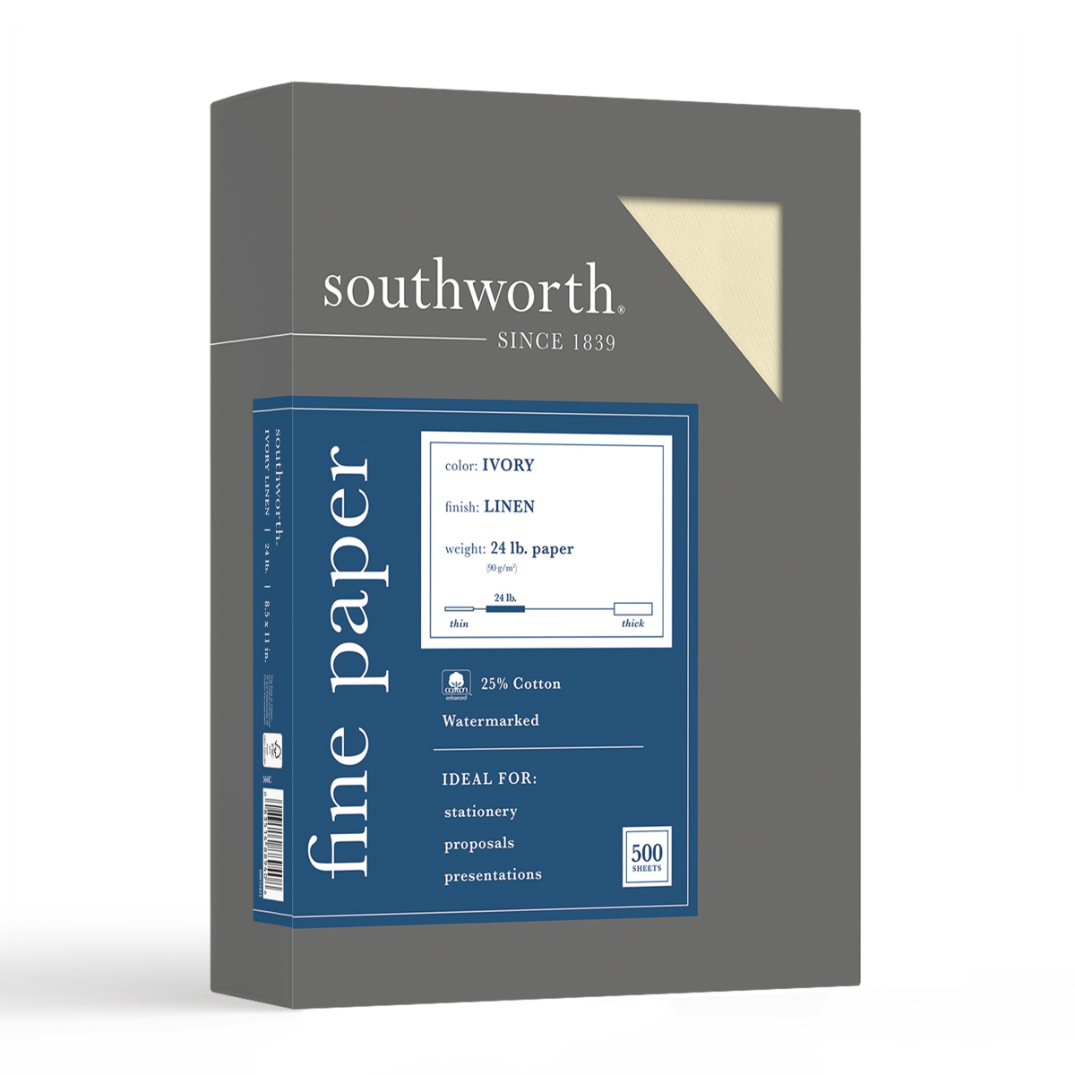 slide 1 of 5, Southworth 25% Cotton Linen Business Paper, 55% Recycled, Ivory, 100 ct