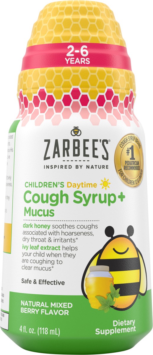 slide 3 of 5, Zarbee's Naturals Zarbee’s Kids Cough + Mucus Daytime with Honey, Ivy Leaf, Zinc & Elderberry, Mixed Berry, 4FL Oz, 4 fl oz