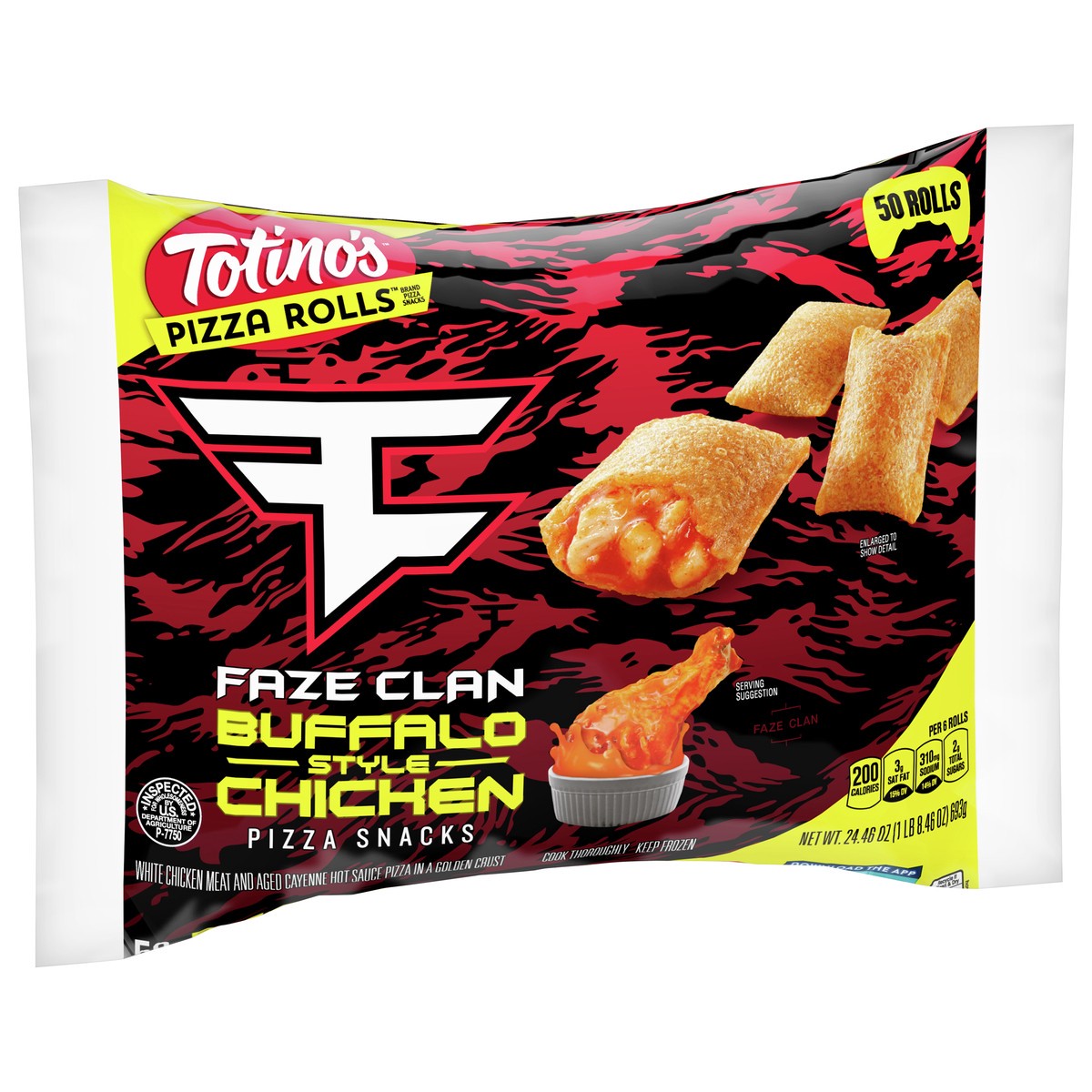 slide 9 of 9, Totino's Pizza Rolls, FaZe Clan Buffalo Style Chicken, Frozen Snacks, 50 ct, 50 ct