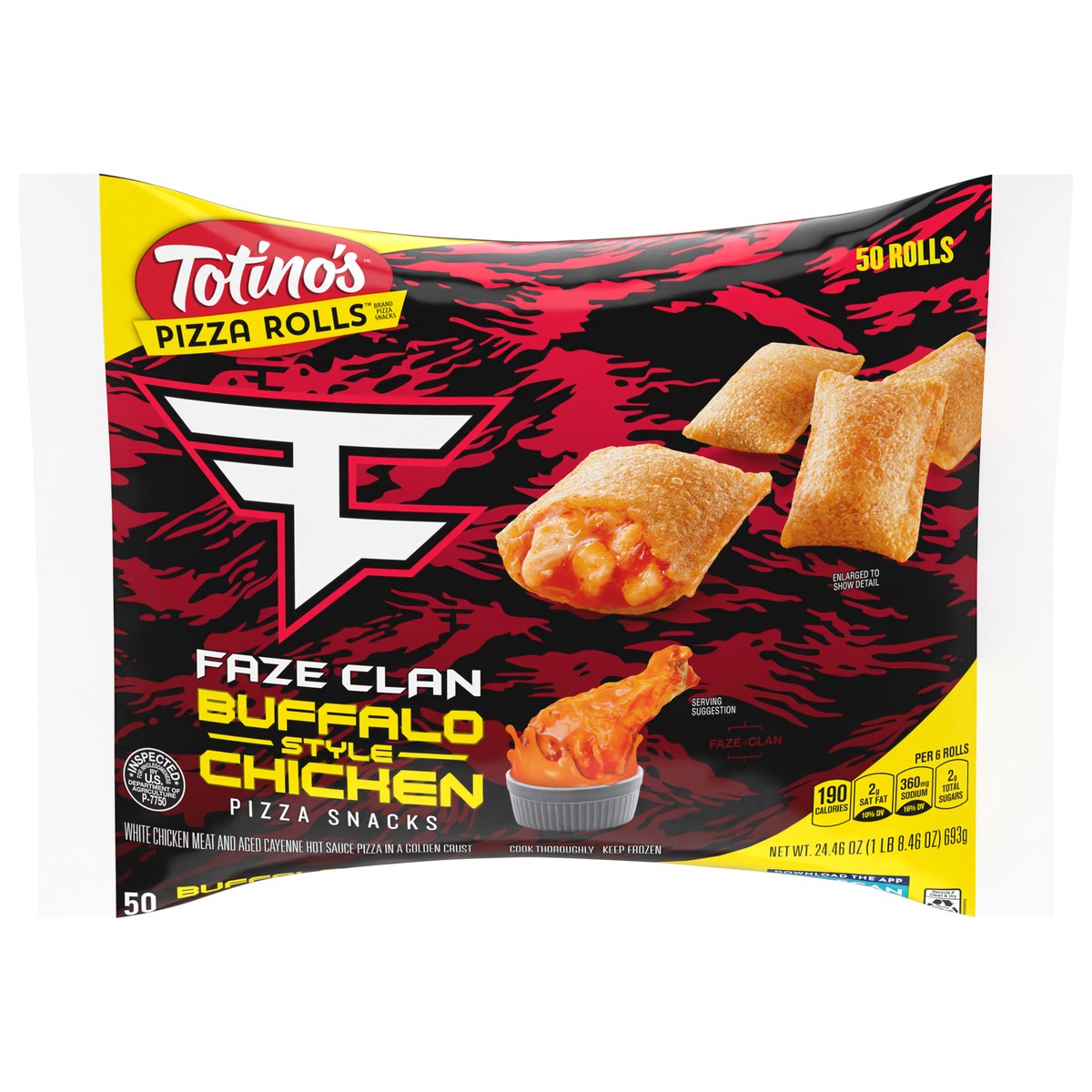 slide 1 of 9, Totino's Pizza Rolls, FaZe Clan Buffalo Style Chicken, Frozen Snacks, 50 ct, 50 ct