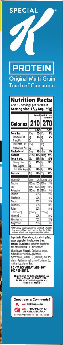 slide 6 of 11, Special K Kellogg's Special K Protein Cold Breakfast Cereal, 10g Protein, 11 Vitamins and Minerals, Family Size, Original Multi-Grain Touch of Cinnamon, 19oz Box, 1 Box, 19 oz