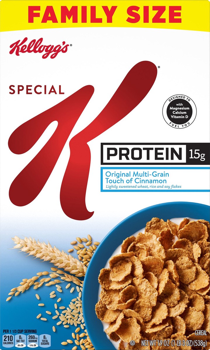 slide 9 of 11, Special K Kellogg's Special K Protein Cold Breakfast Cereal, 10g Protein, 11 Vitamins and Minerals, Family Size, Original Multi-Grain Touch of Cinnamon, 19oz Box, 1 Box, 19 oz