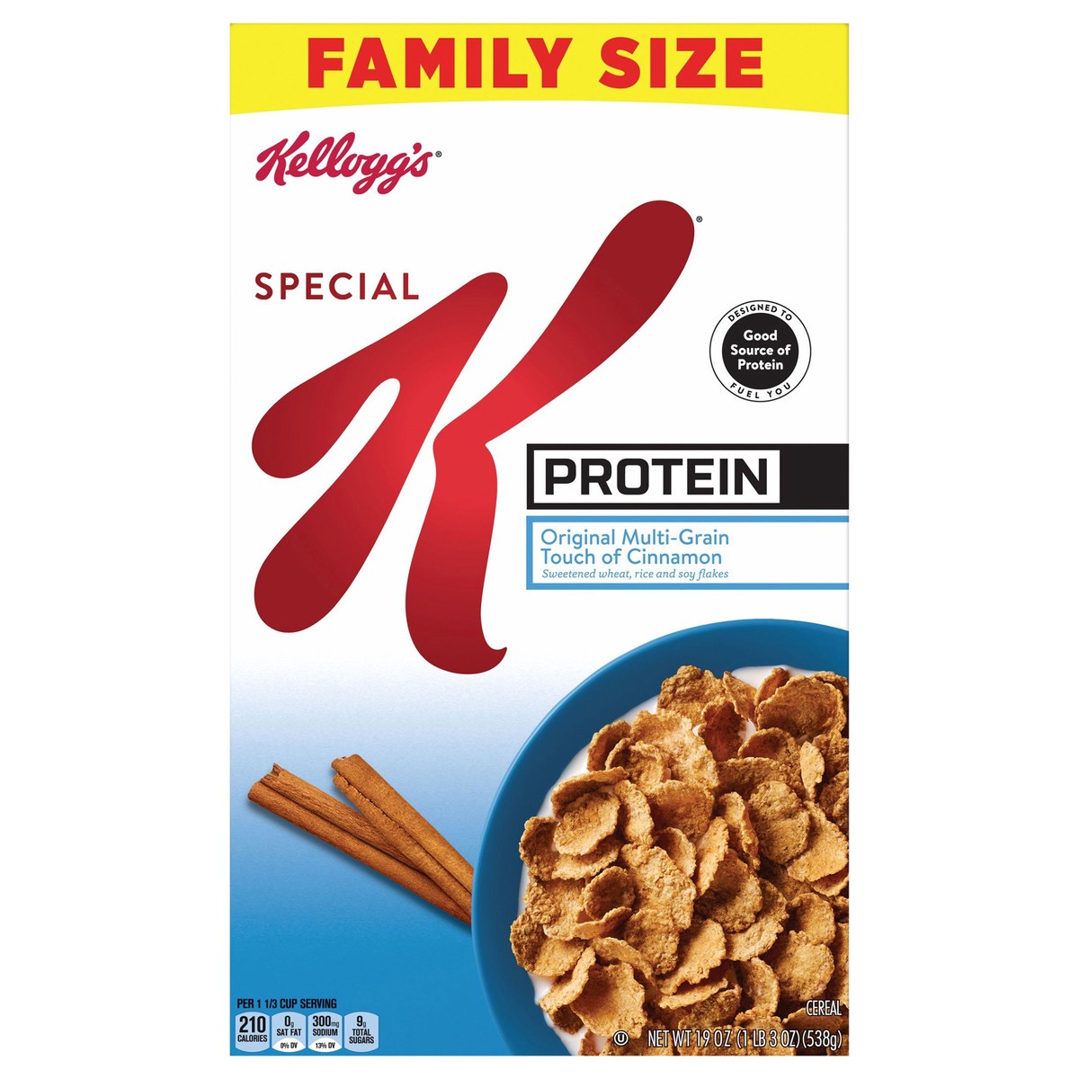 slide 1 of 11, Special K Kellogg's Special K Protein Cold Breakfast Cereal, 10g Protein, 11 Vitamins and Minerals, Family Size, Original Multi-Grain Touch of Cinnamon, 19oz Box, 1 Box, 19 oz