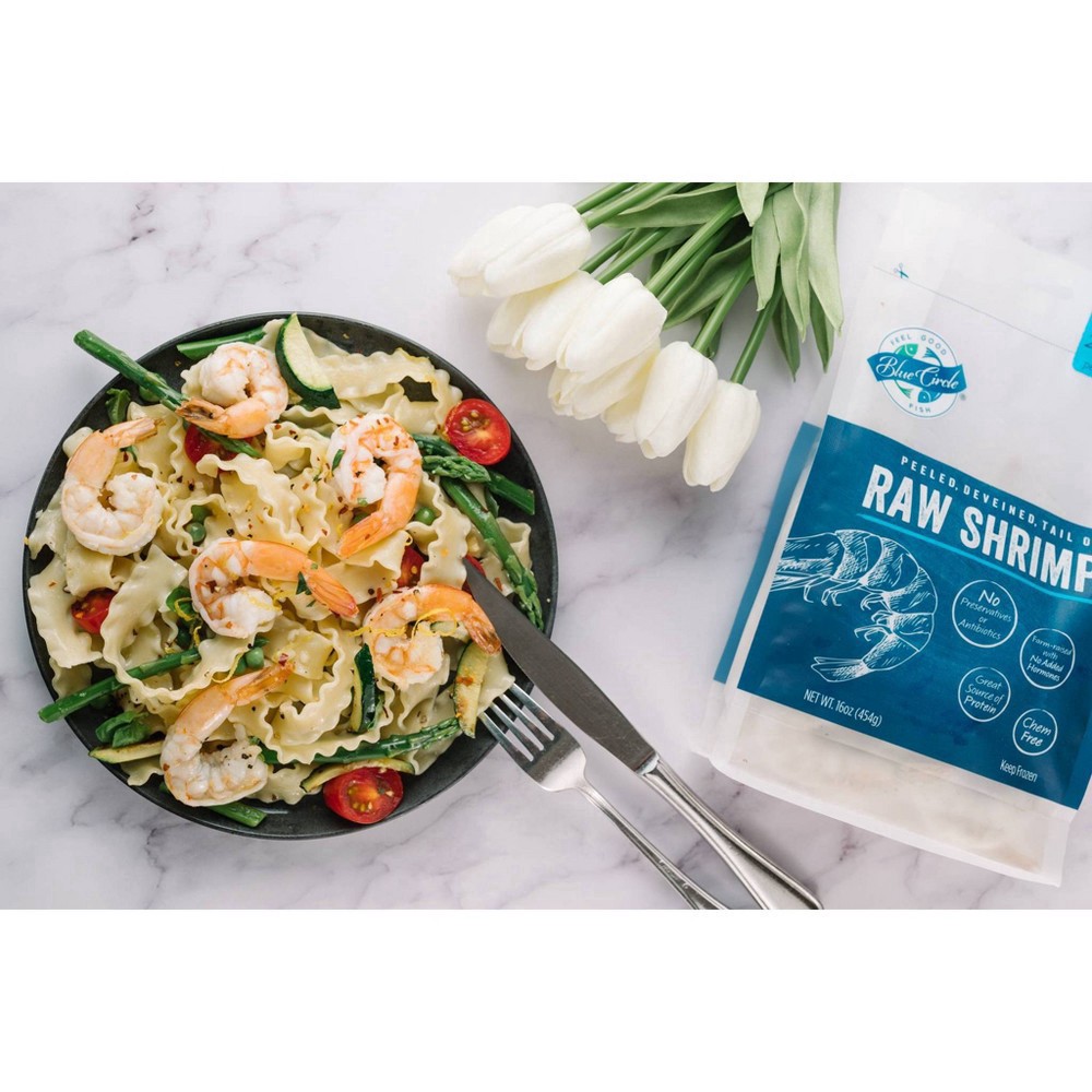 slide 2 of 4, Blue Circle Foods Blue Circle Peeled, Deveined, Tail-On Raw Shrimp - 26/30ct per pound - Frozen - 16oz, 26/30 ct, 16 oz