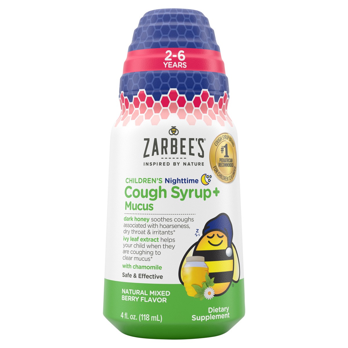 slide 1 of 5, Zarbee's Naturals Zarbee’s Kids Cough + Mucus Nighttime with Honey, Ivy Leaf, Zinc & Elderberry, Mixed Berry, 4FL Oz, 4 fl oz