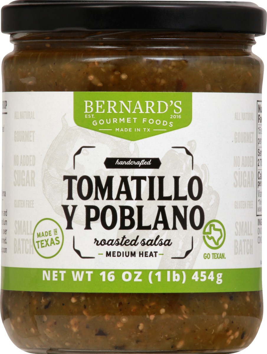 slide 11 of 13, Bernard's Medium Heat Tomatillo Y Poblano Roasted Salsa 16 oz, 16 oz