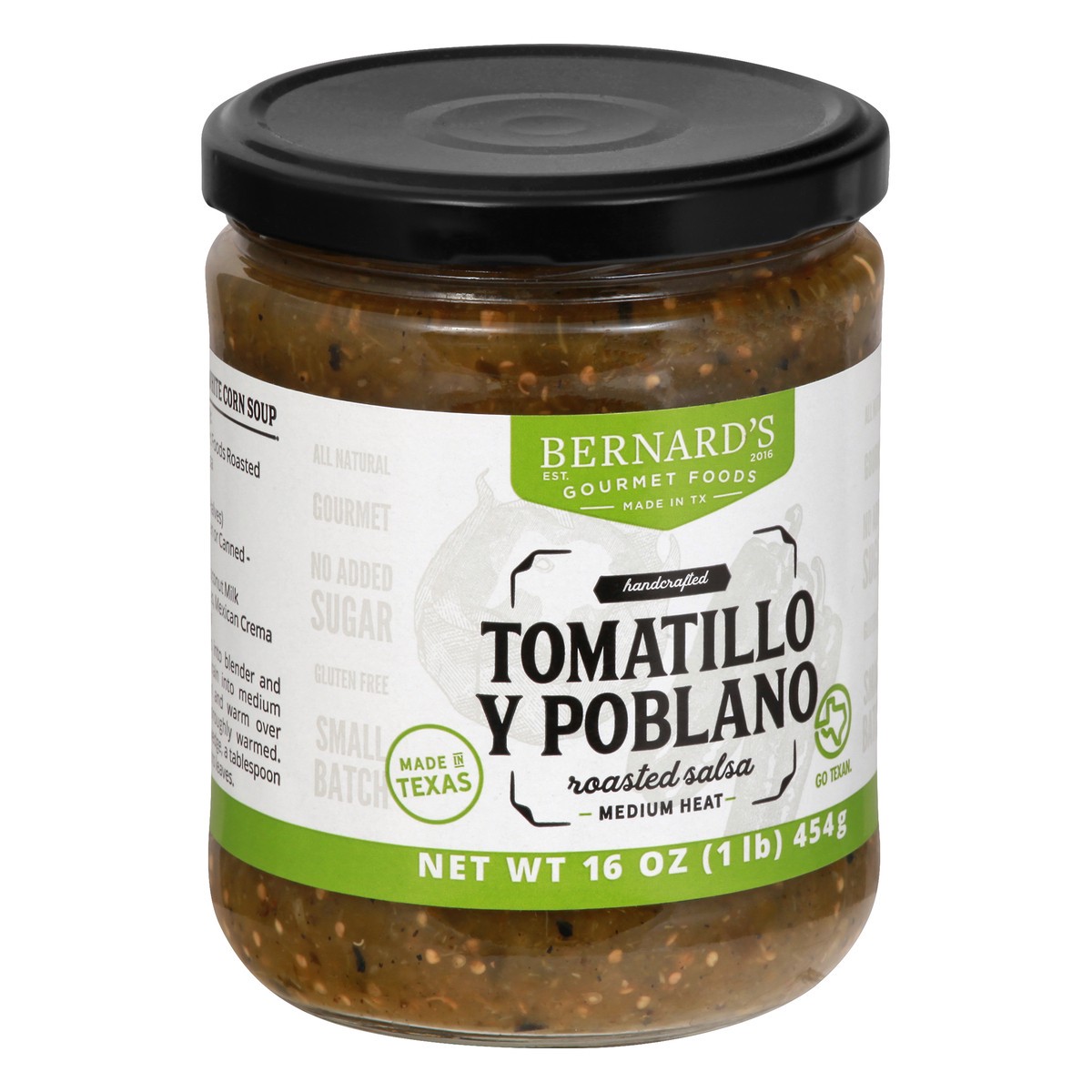 slide 12 of 13, Bernard's Medium Heat Tomatillo Y Poblano Roasted Salsa 16 oz, 16 oz