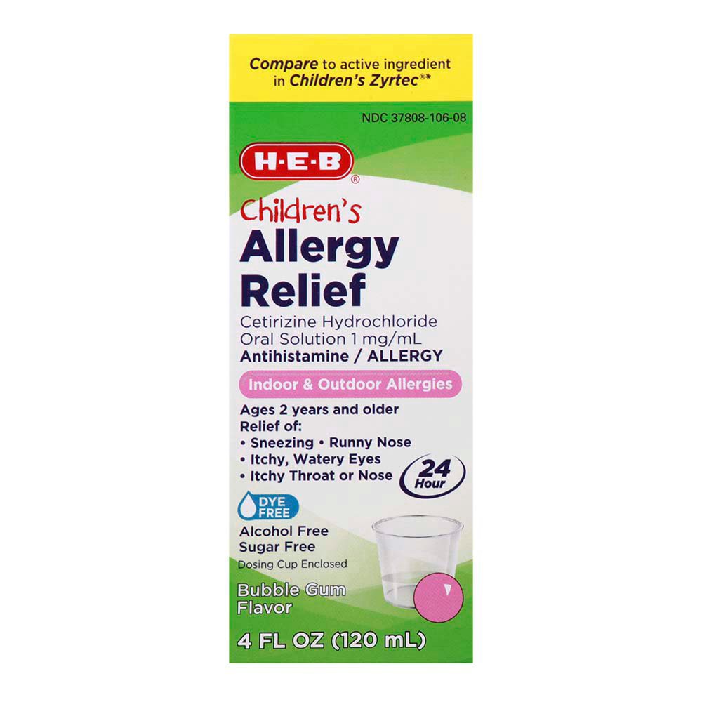 slide 1 of 1, H-E-B Children's Allergy Relief Cetirizine 24 Hour Liquid – Bubblegum Flavor, 4 oz