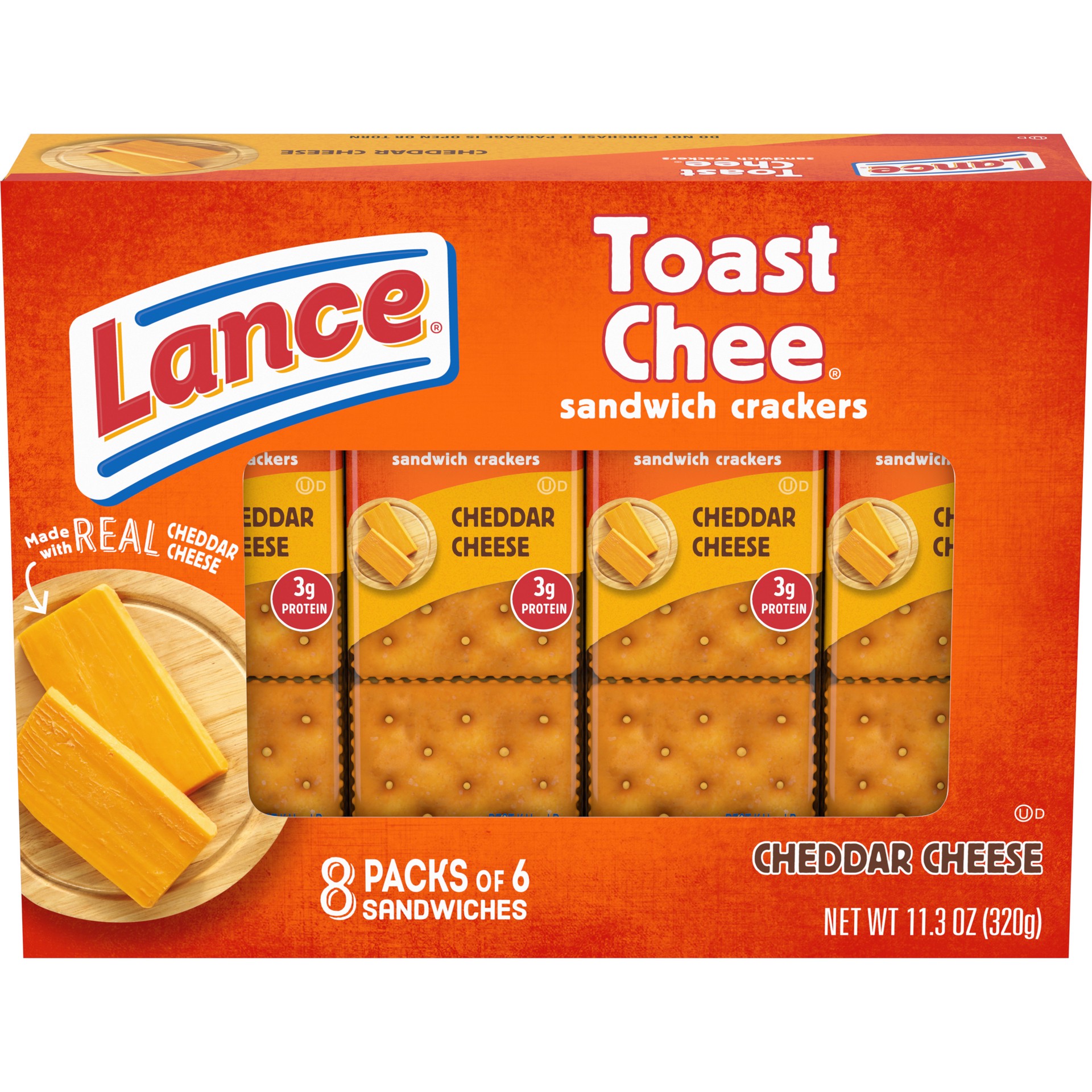 slide 1 of 5, Lance Sandwich Crackers, ToastChee Cheddar, 8 Individually Wrapped Packs, 6 Sandwiches Each, 11.3 oz