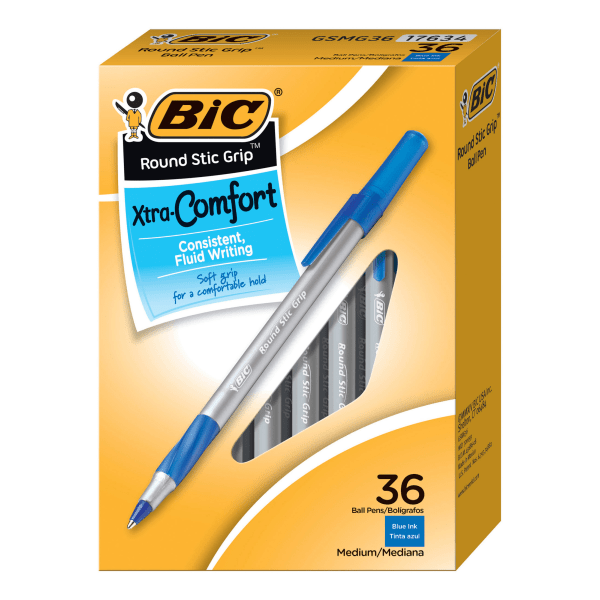 slide 1 of 1, BIC Round Stic Grip Pen Medium Blue, 36 ct