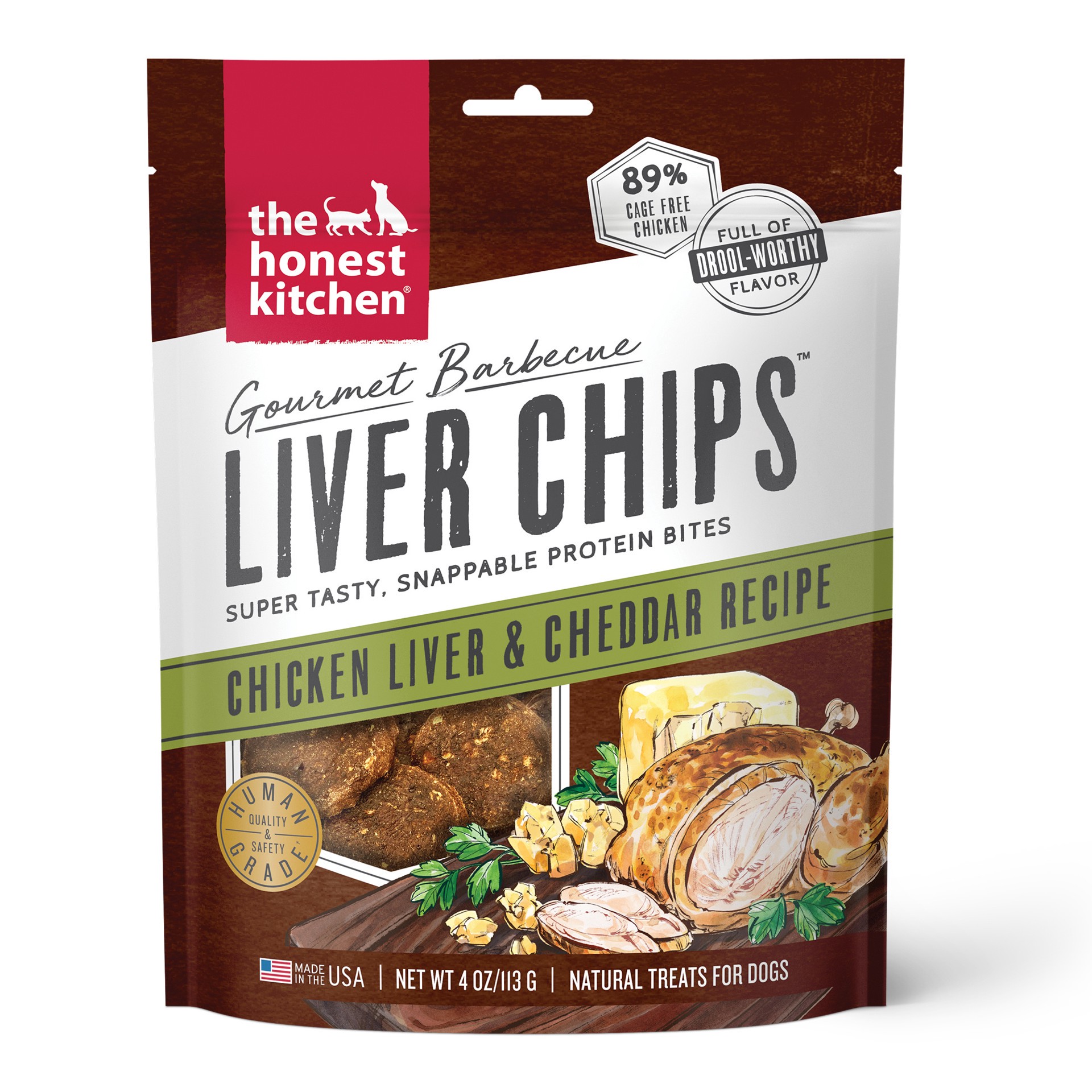 slide 1 of 4, The Honest Kitchen Gourmet Barbecue Liver Chips Gourmet Barbecue Liver Chips: Chicken Liver & Cheddar Recipe, 4 oz Bag, 4 oz