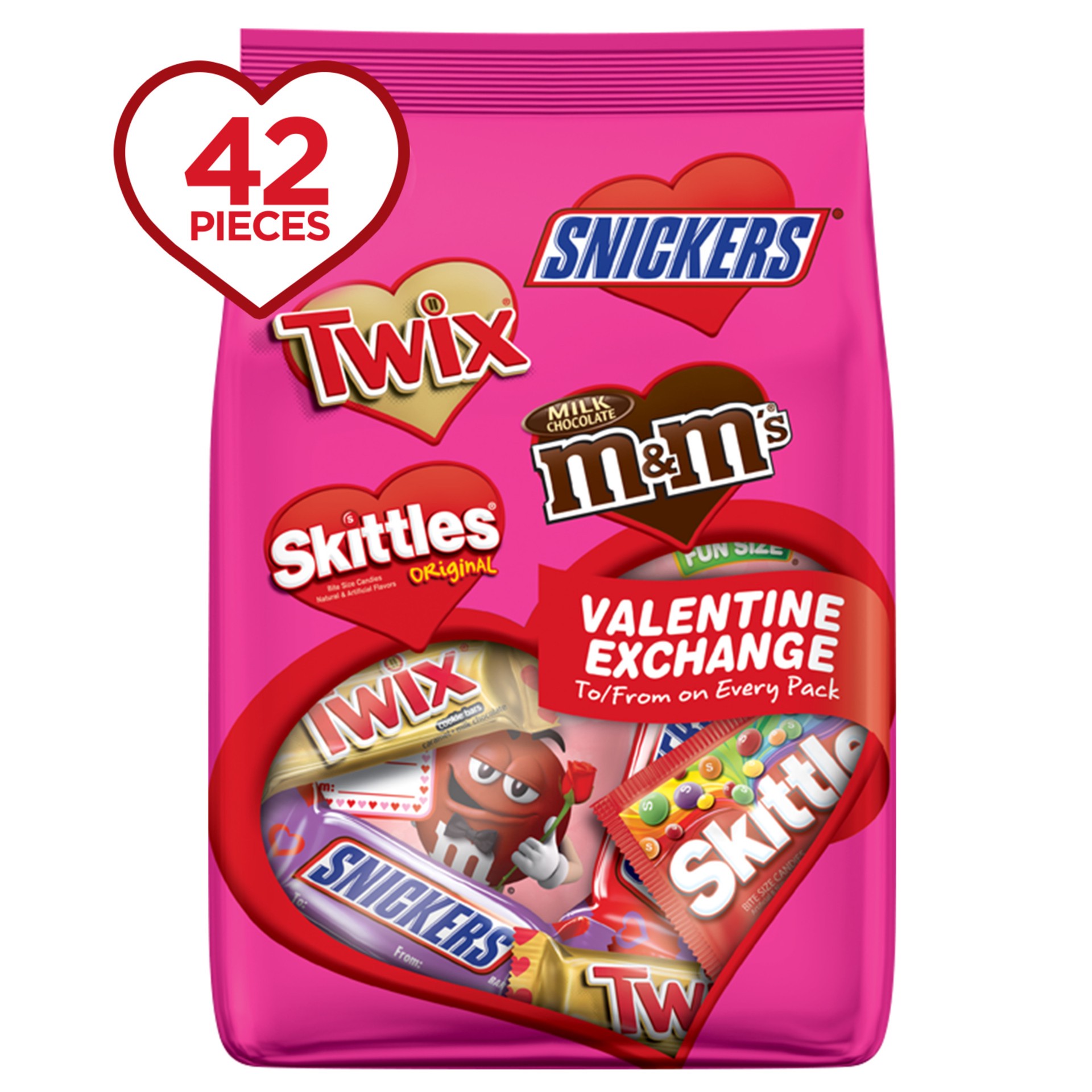 slide 1 of 3, Mixed TWIX, SNICKERS, SKITTLES & M&M'S Fun Size Valentine Exchange Candy Variety Mix 23.79-Ounce 42-Piece Bag, 23.79 oz