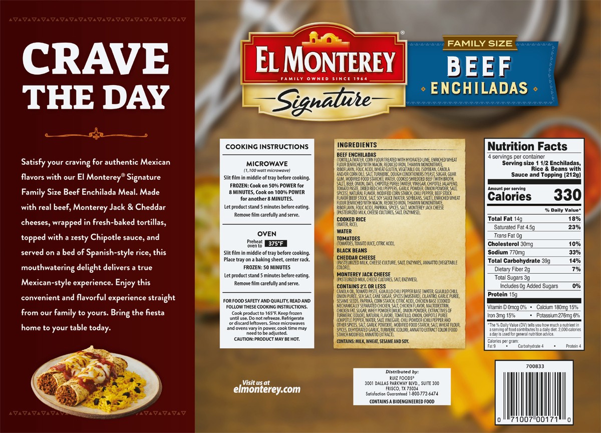 slide 8 of 12, El Monterey Signature Beef Enchiladas Family Size, 30 oz (Frozen), 30 oz