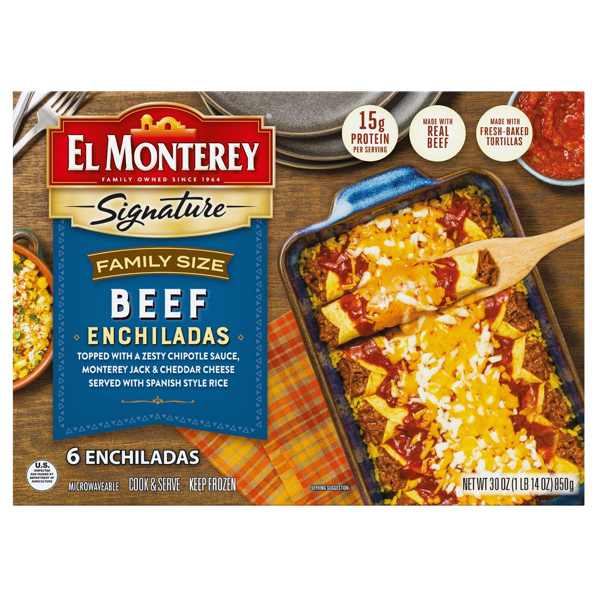 slide 1 of 12, El Monterey Signature Beef Enchiladas Family Size, 30 oz (Frozen), 30 oz