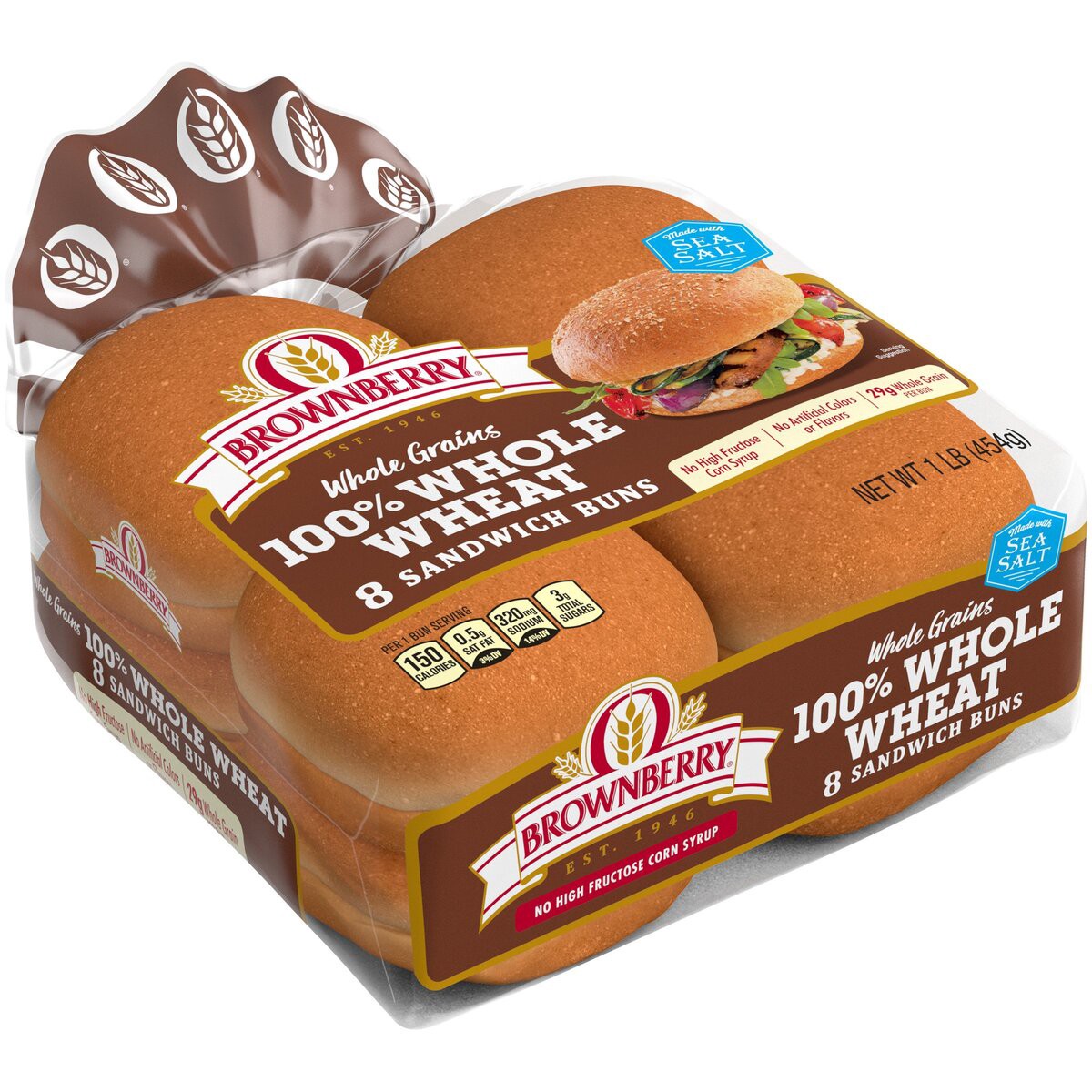 slide 2 of 6, Brownberry Whole Wheat Buns, 8 count, Soft Hamburger Buns, 16 oz Bag, 8 ct