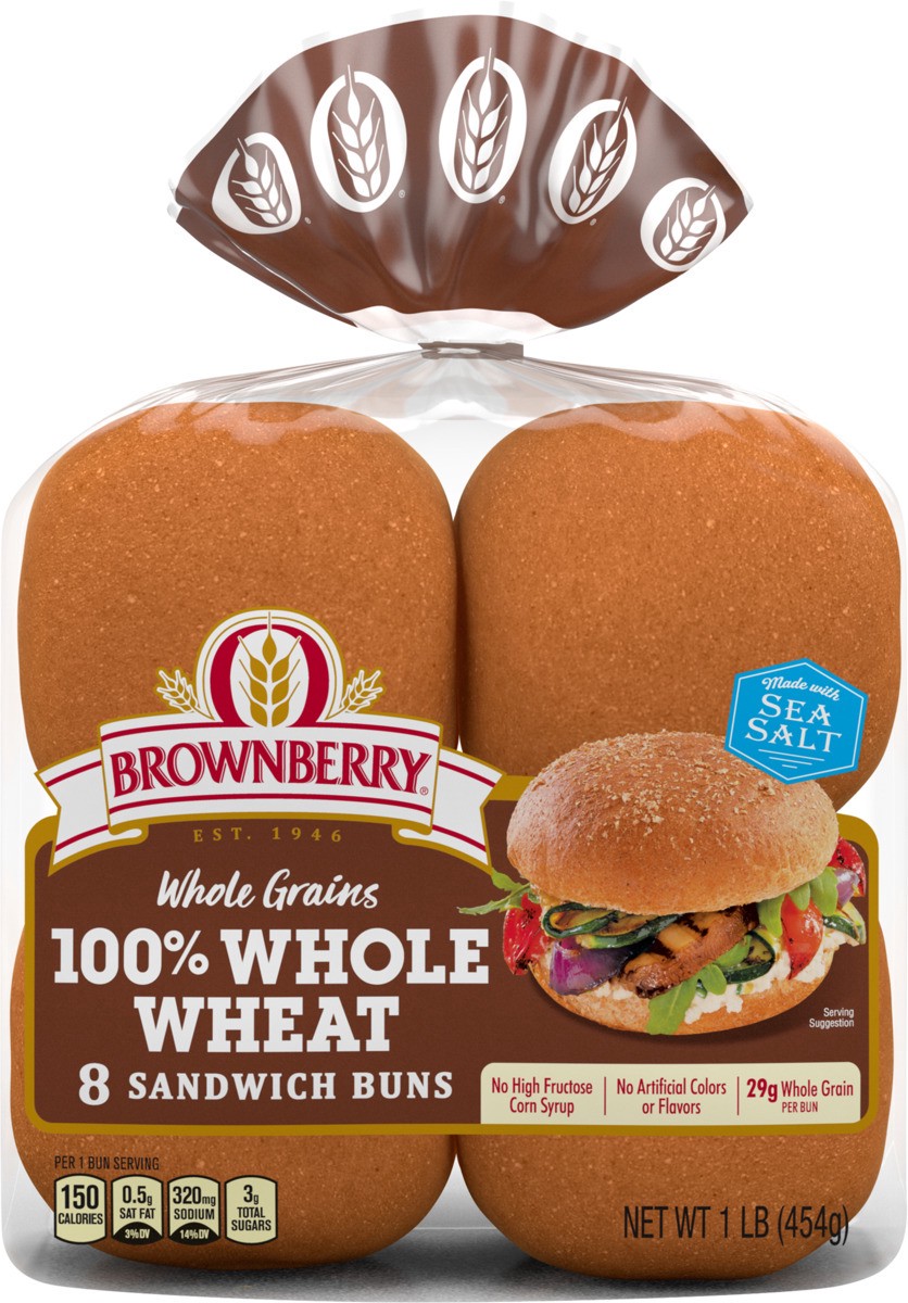 slide 3 of 6, Brownberry Whole Wheat Buns, 8 count, Soft Hamburger Buns, 16 oz Bag, 8 ct