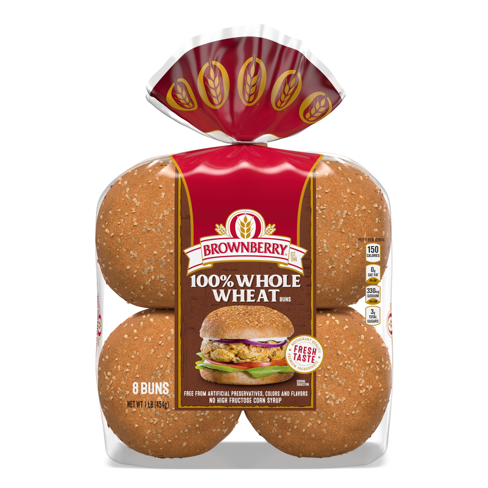 slide 1 of 6, Brownberry Whole Wheat Buns, 8 count, Soft Hamburger Buns, 16 oz Bag, 8 ct