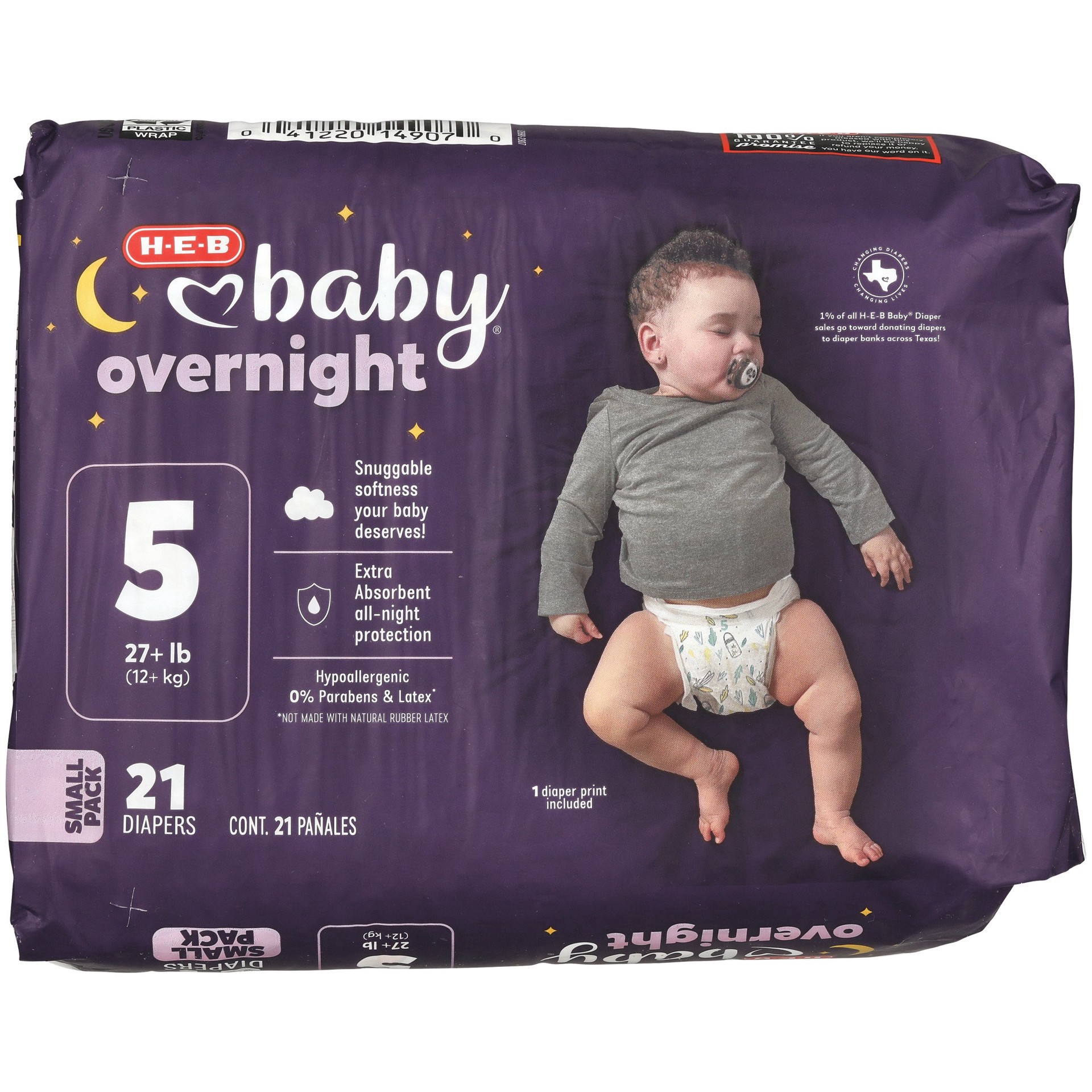 slide 1 of 1, H-E-B Baby Overnight Diapers – Size 5, 21 ct