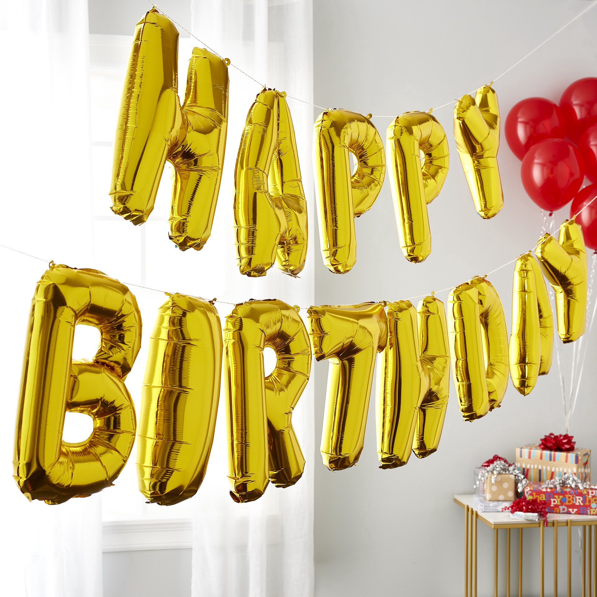 slide 3 of 4, Happy Birthday Gold Foil Balloon Banner Kit By Celebrate It, includes 15 ct