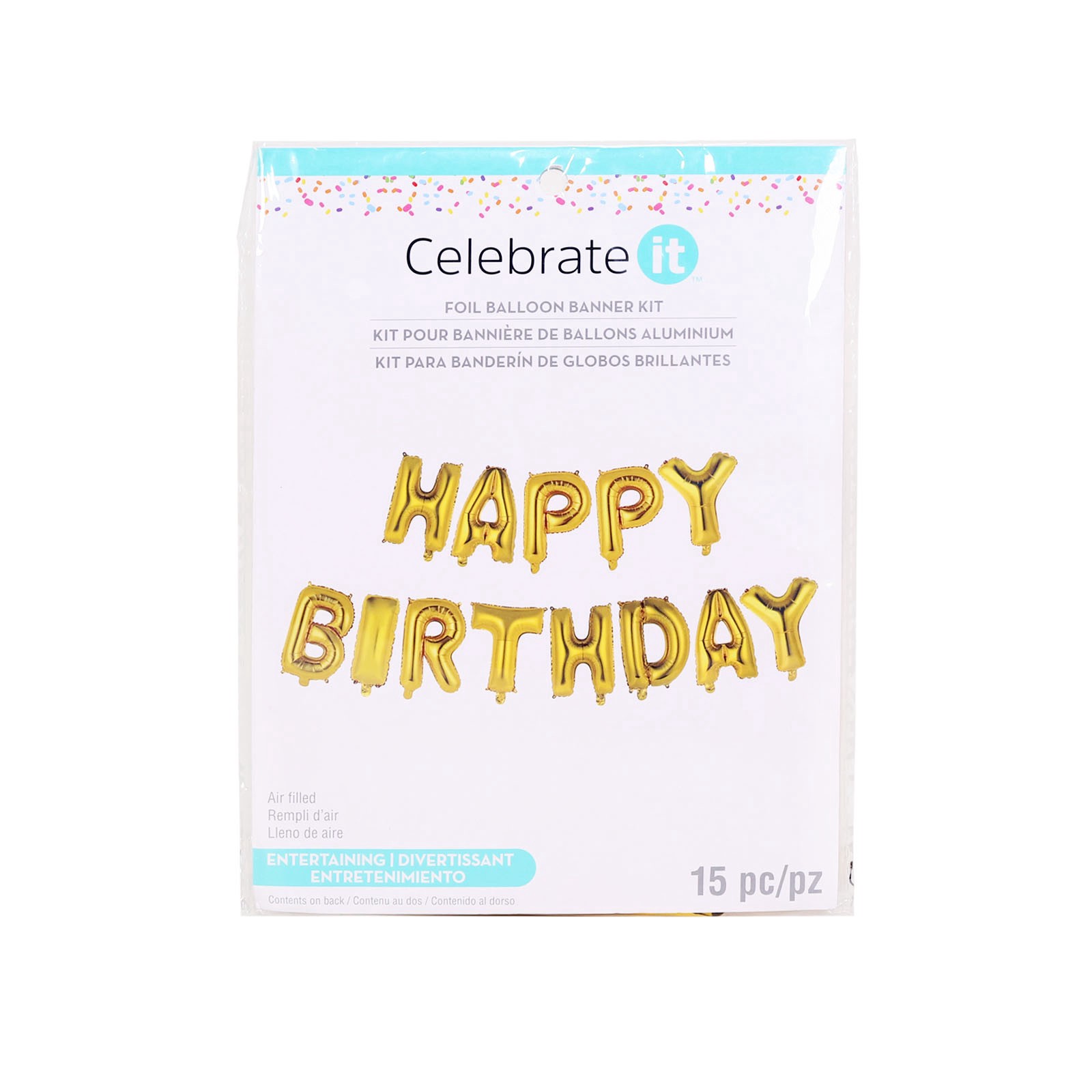 slide 2 of 4, Happy Birthday Gold Foil Balloon Banner Kit By Celebrate It, includes 15 ct