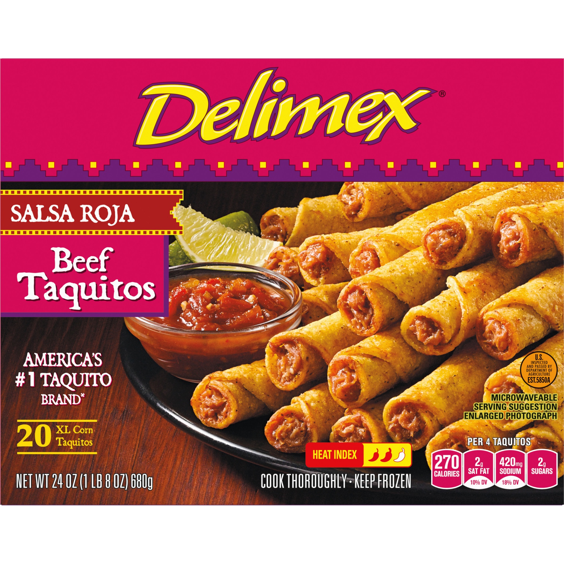 slide 2 of 2, Delimex Salsa Roja Beef XL Corn Taquitos Frozen Snacks, 24 oz