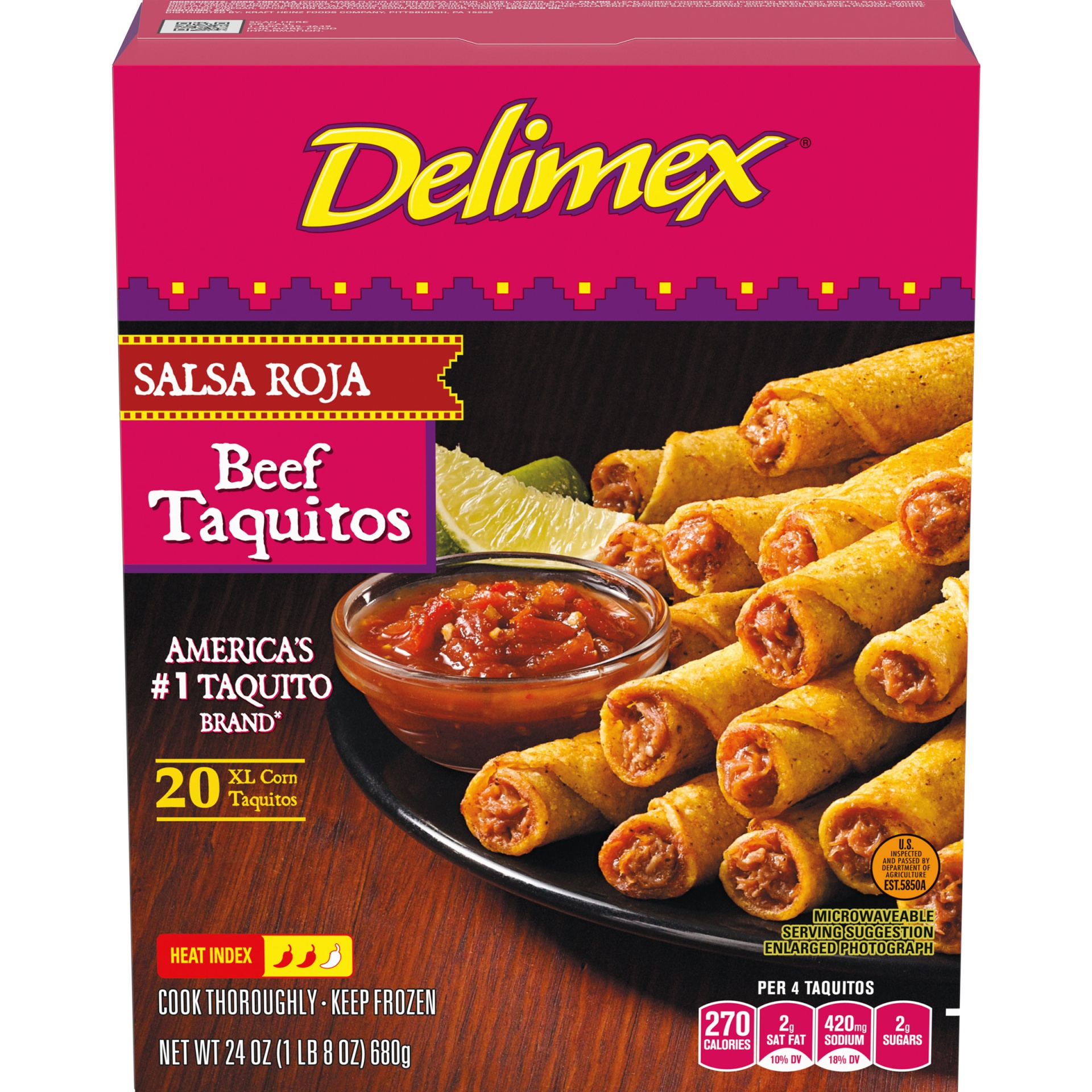 slide 1 of 2, Delimex Salsa Roja Beef XL Corn Taquitos Frozen Snacks, 24 oz