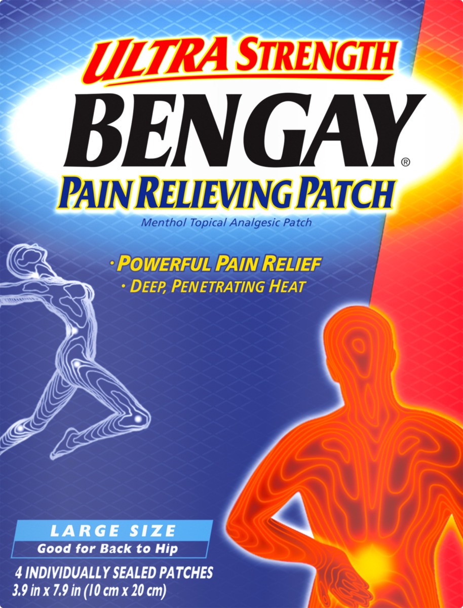 slide 3 of 6, BENGAY Ultra Strength Bengay Pain Relief Patch for Muscle, Pain, Large 3.9 x 7.9 inches, 4 Count, 4 ct