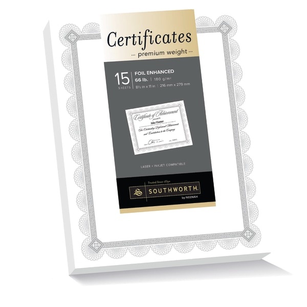 slide 1 of 1, Southworth Premium-Weight Foil Certificates, White/Silver Foil Spiro, 15 ct