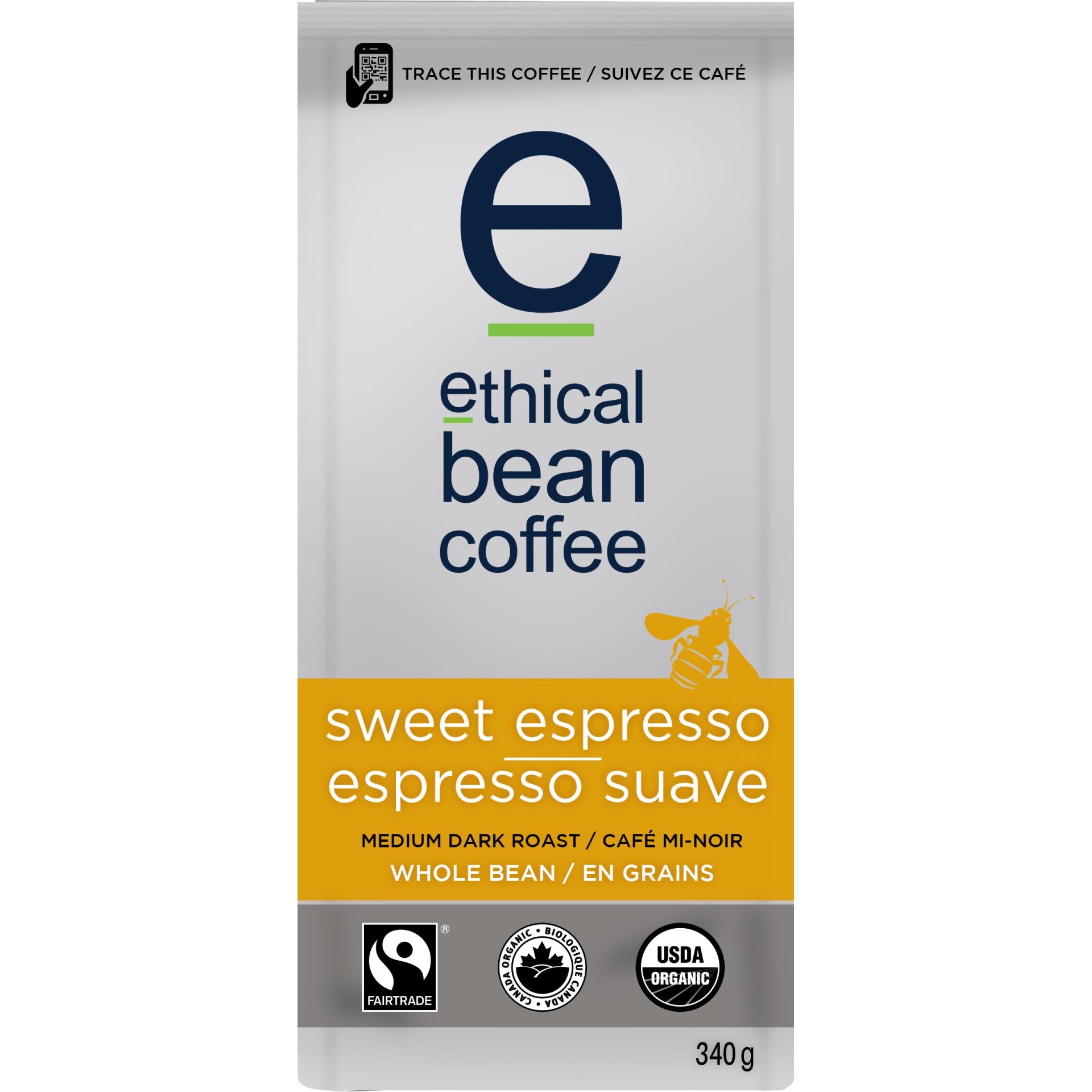 slide 1 of 8, Ethical Bean Fairtrade Organic Coffee, Sweet Espresso Medium Dark Roast, Whole Bean Espresso Coffee, 12 oz