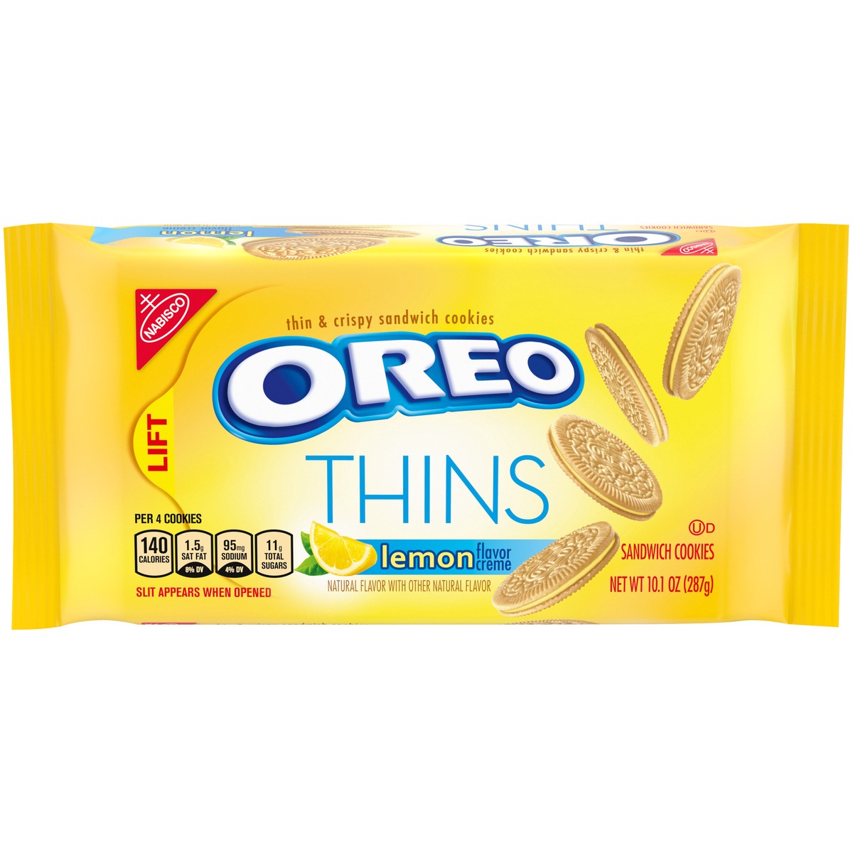 slide 1 of 9, OREO Thins Lemon Flavored Creme Sandwich Cookies, 10.1 oz, 0.66 lb