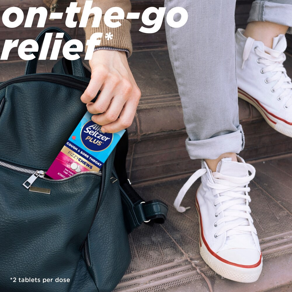 slide 6 of 6, Alka-Seltzer Fizzy Chews Cough & Sore Throat Tablets, Raspberry, 24 Ct, 24 ct