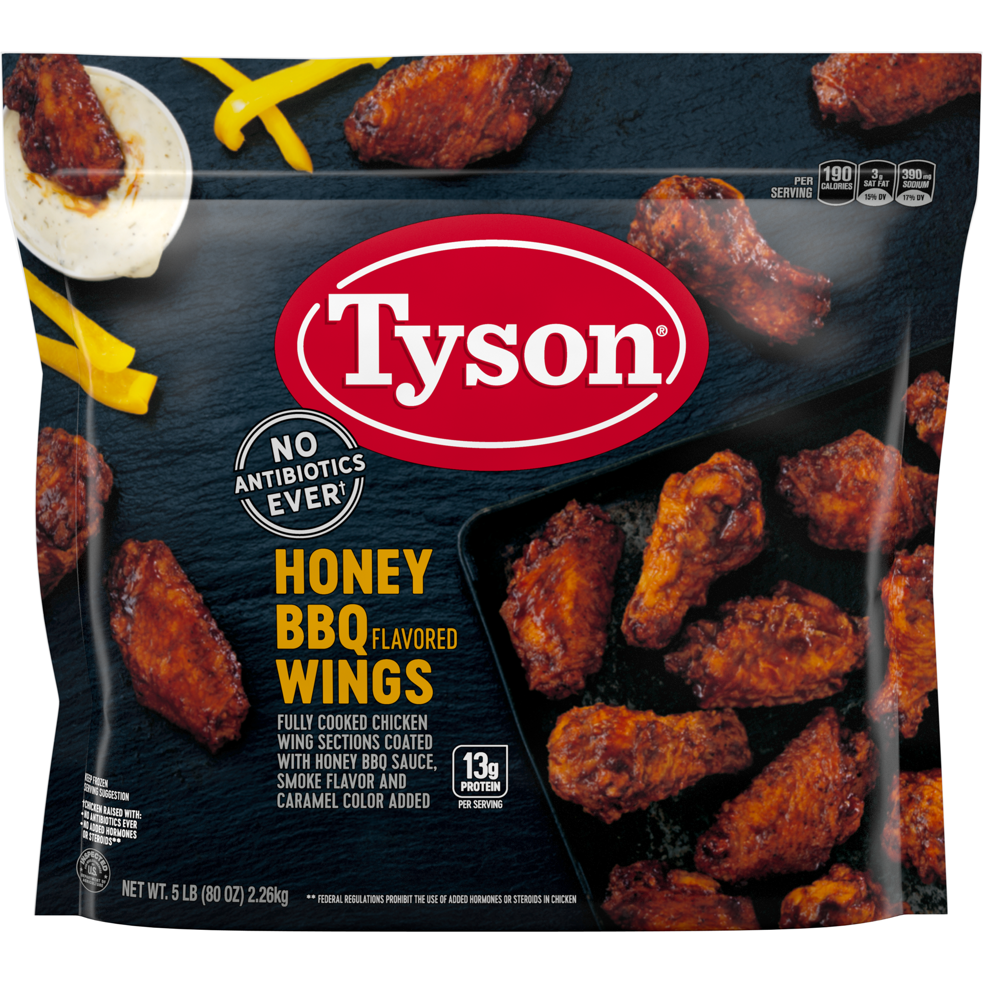 slide 1 of 9, Tyson Fully Cooked Honey BBQ Bone-In Chicken Wings, 5 lb. (Frozen), 2.27 kg