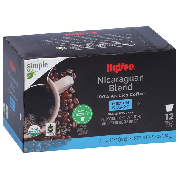 slide 1 of 1, Hy-vee Medium Roast Nicaraguan Blend 100% Arabica Coffee Single Serve Cups - 12 ct; 0.35 oz, 12 ct; 0.35 oz
