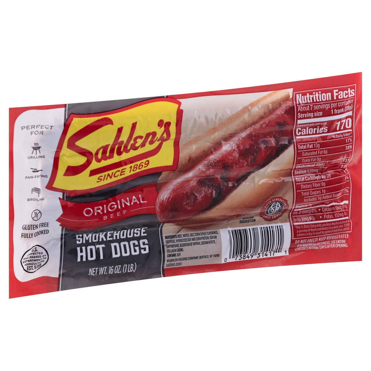 slide 3 of 13, Sahlen's Smokehouse Original Beef Hot Dogs 16 oz, 16 oz