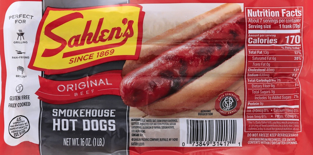 slide 5 of 13, Sahlen's Smokehouse Original Beef Hot Dogs 16 oz, 16 oz
