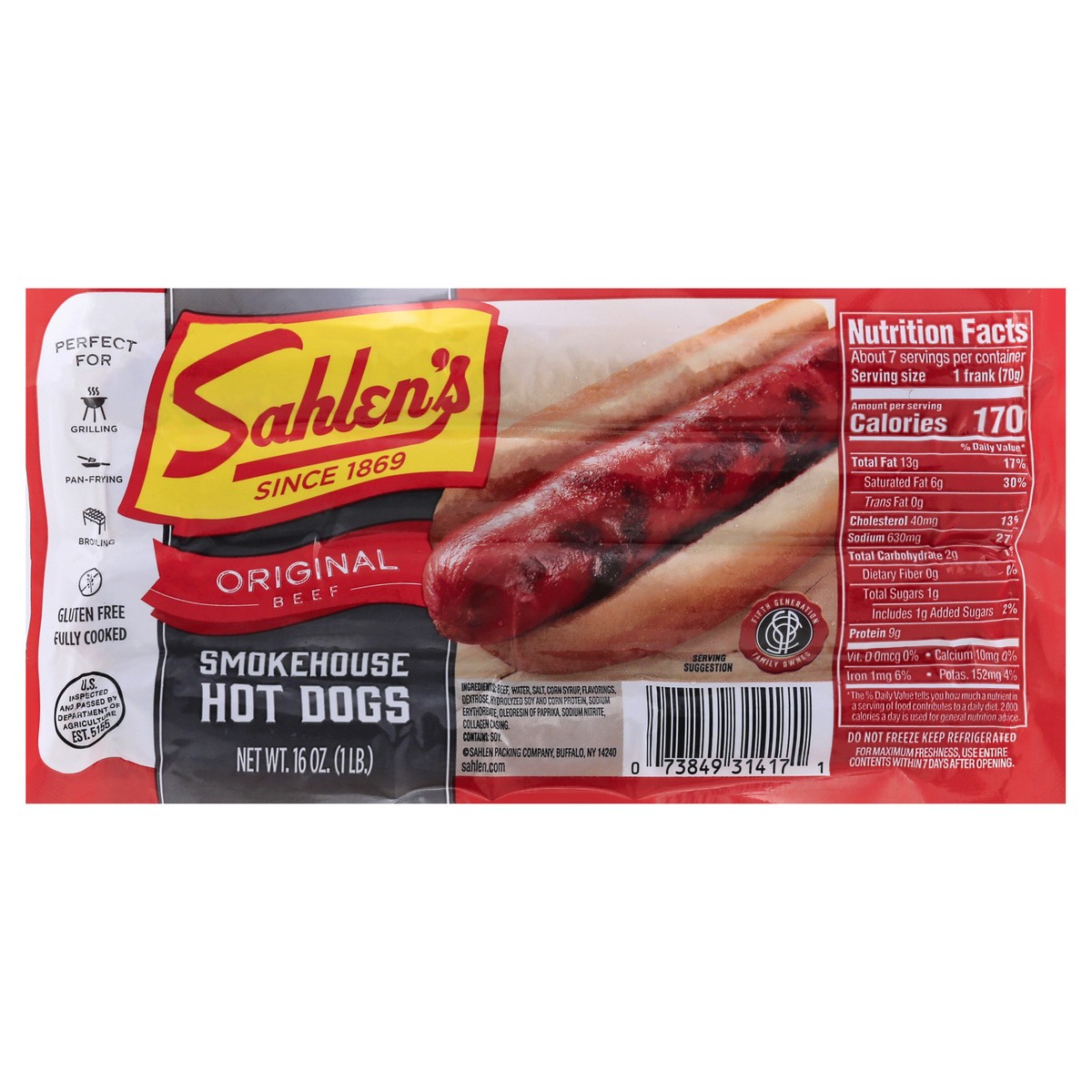 slide 9 of 13, Sahlen's Smokehouse Original Beef Hot Dogs 16 oz, 16 oz