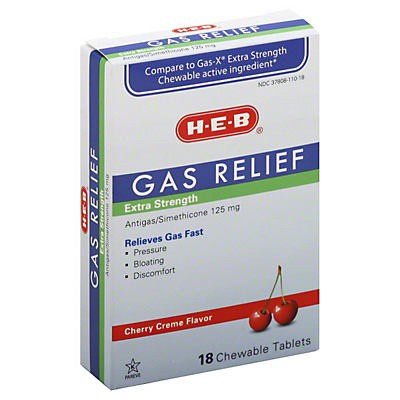 slide 1 of 1, H-E-B Extra Strength Gas Relief Cherry Creme Flavor 125 mg Chewable Tablets, 18 ct