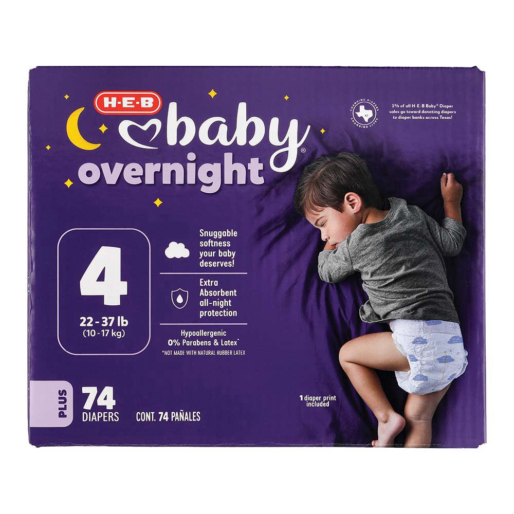 slide 1 of 1, H-E-B Baby Plus Overnight Diapers – Size 4, 74 ct