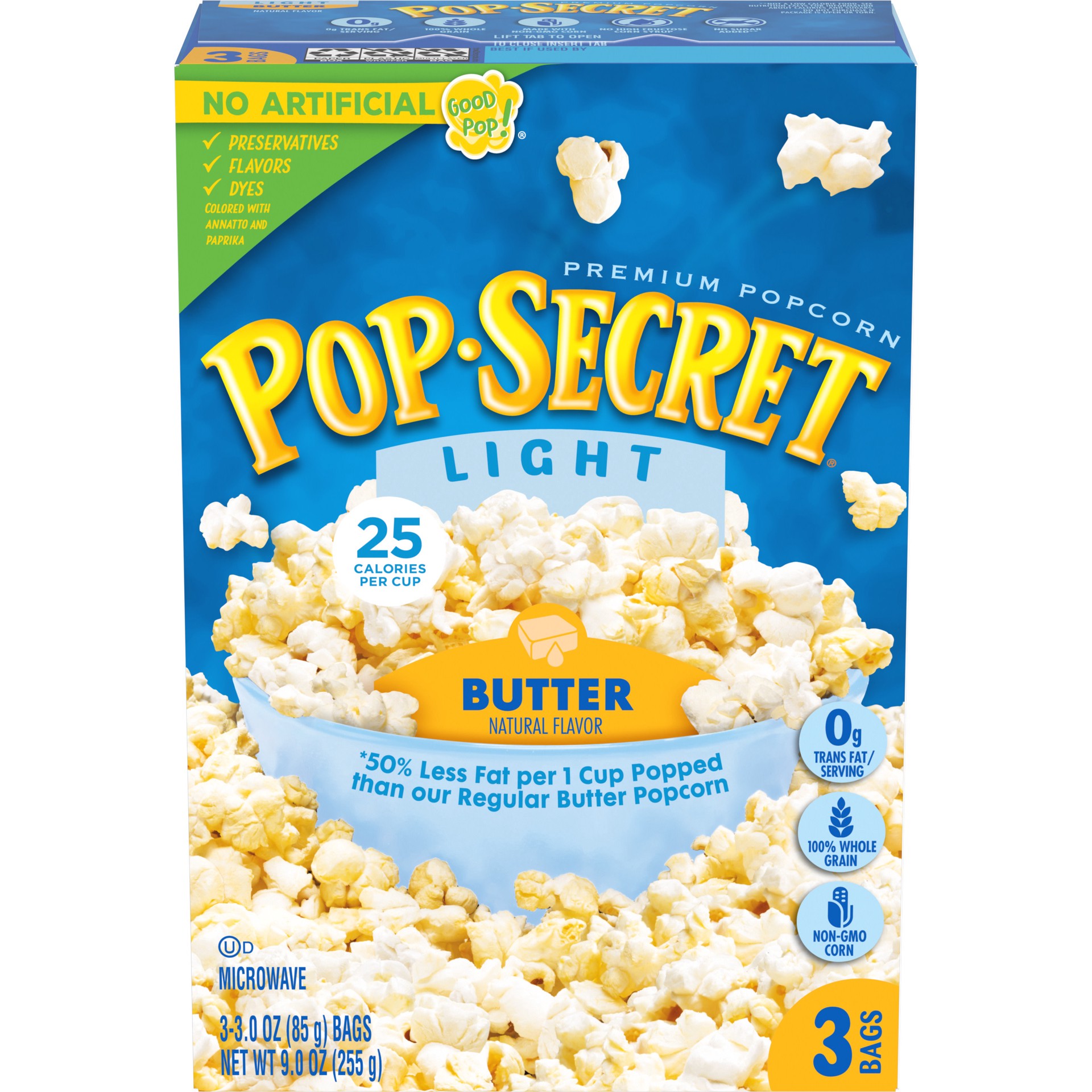 slide 1 of 5, Pop-Secret Microwave Popcorn, Light Butter Flavor, 3 Oz Sharing Bags, 3 Ct, 9 oz